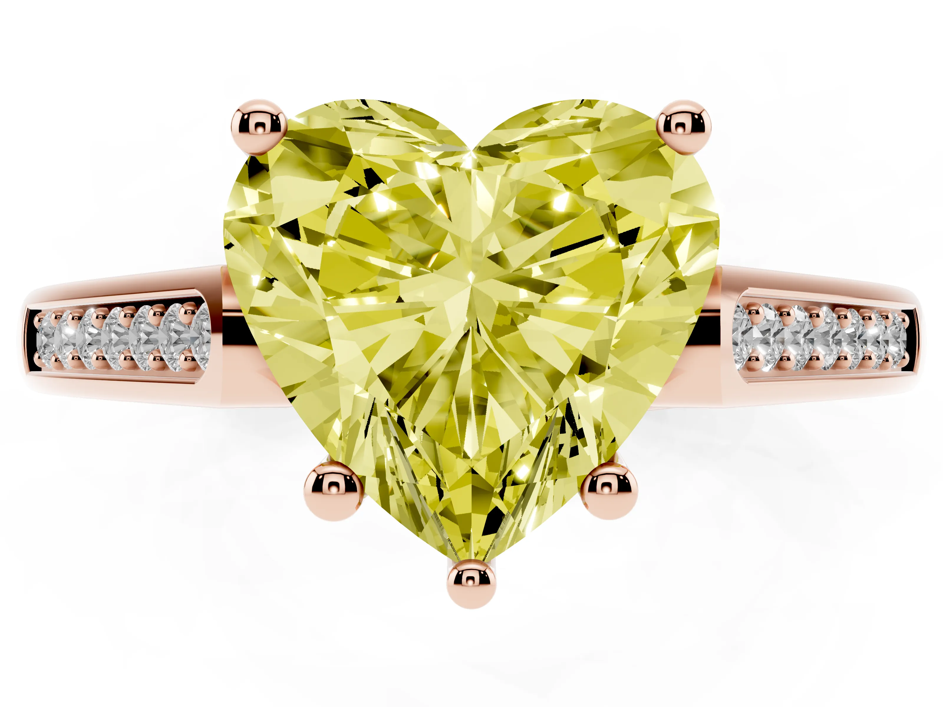 Fancy Yellow Heart Cut Diamond Solitaire Cathedral Engagement Ring Set in Rose gold with Channel-Set Band and Prong Setting
