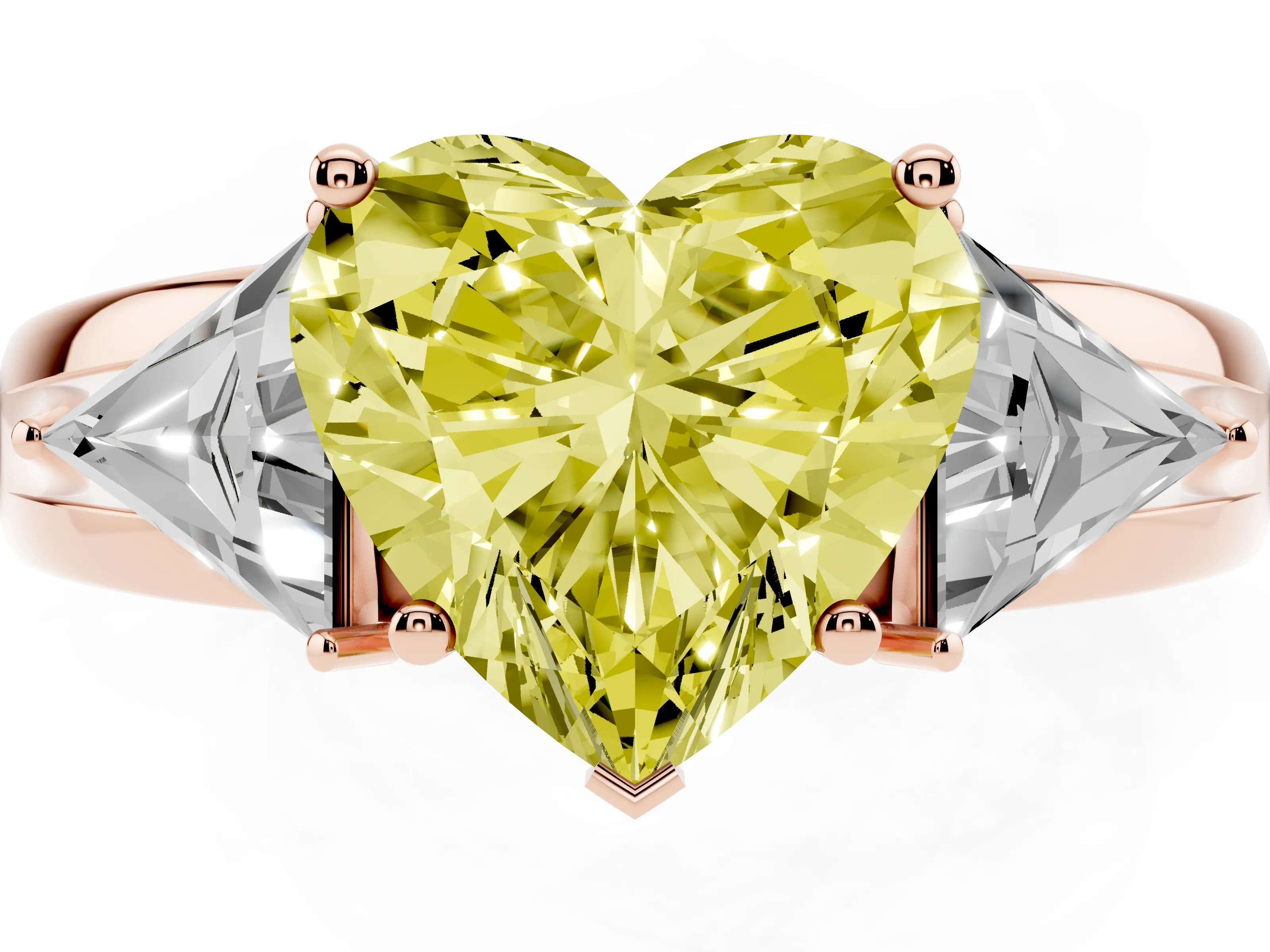 Fancy Yellow Heart Cut Diamond Three-Stone Ring Set in Rose gold with Trillion Side Stones and Split Shank