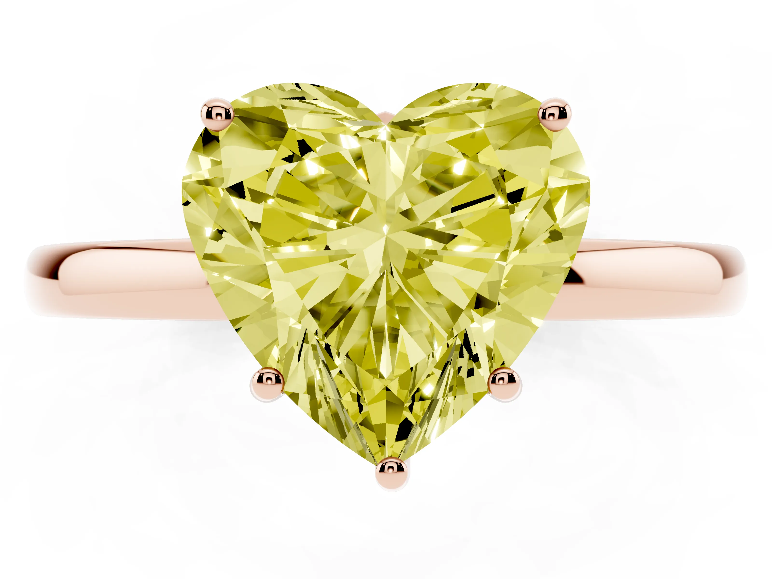 Fancy Yellow Heart Cut Diamond Solitaire Ring Set in Rose gold with Plain Band and Prong Setting