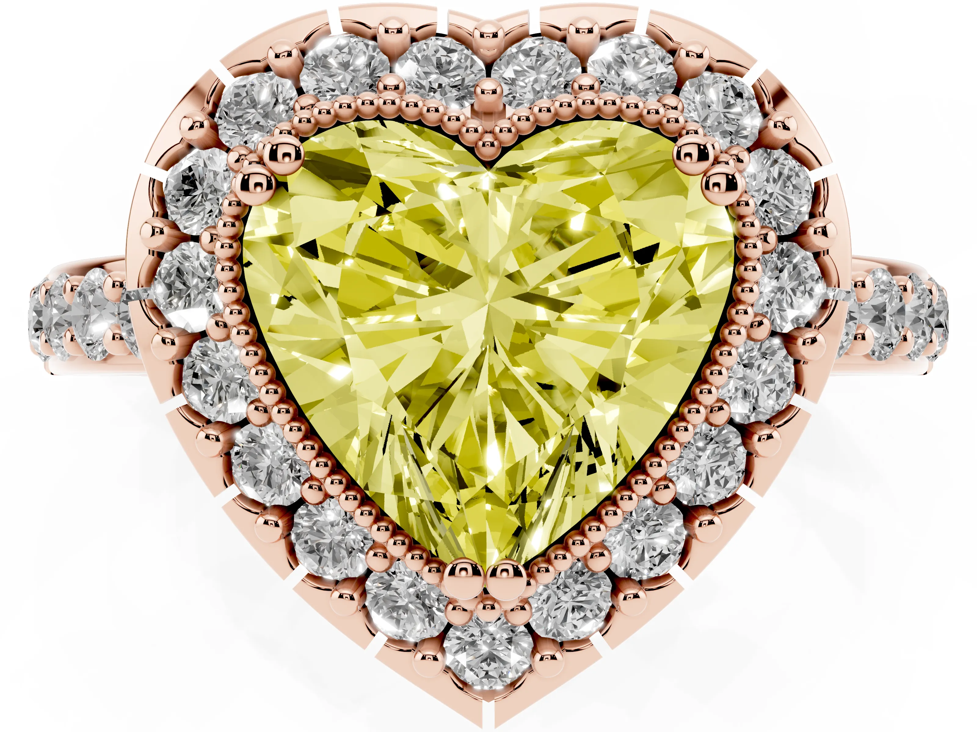 Fancy Yellow Heart Cut Diamond Halo Ring Set in Rose gold with Pavé Shank and Prong Setting