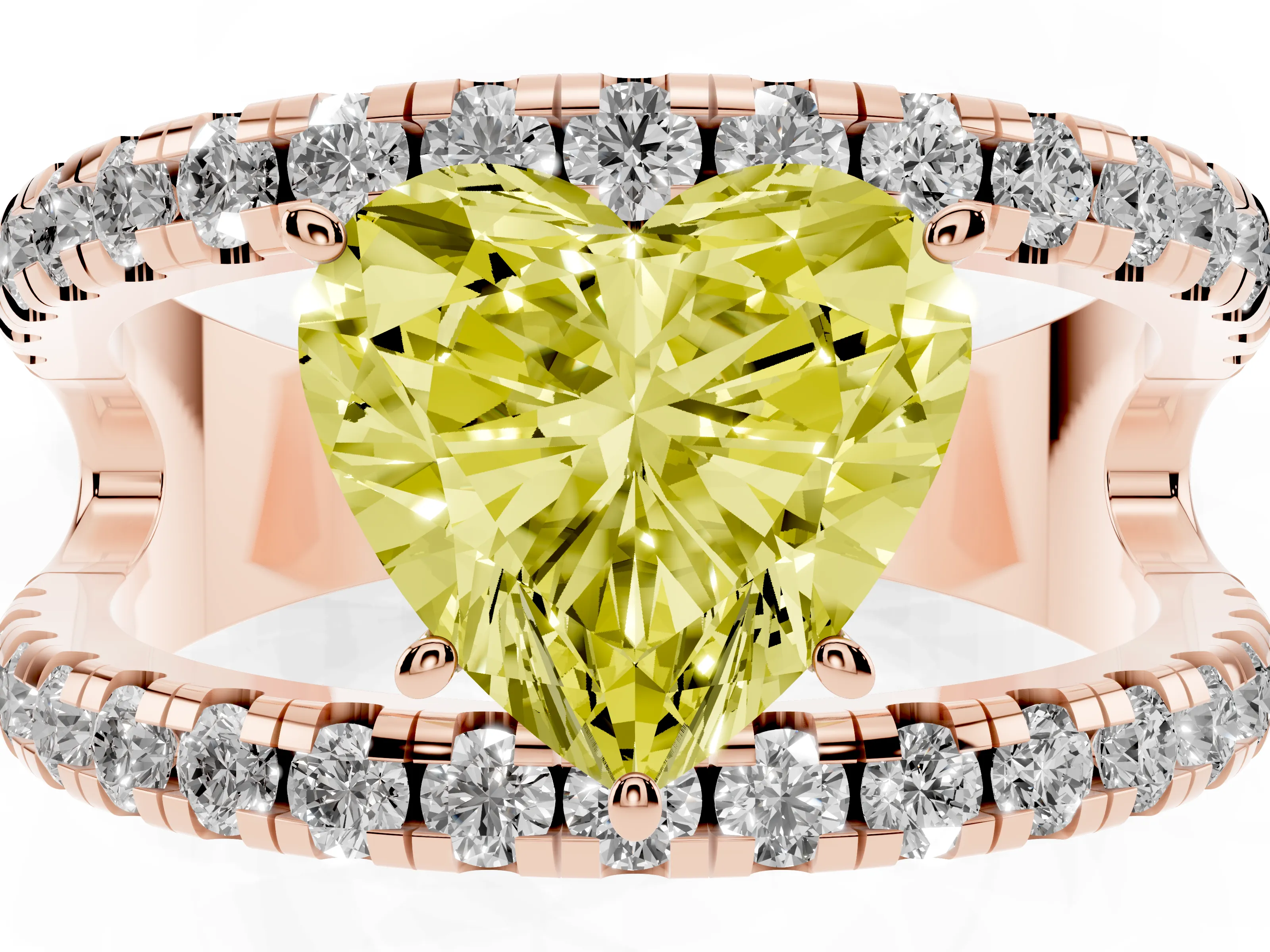 Fancy Yellow Heart Cut Diamond Split Shank Pavé Solitaire Ring Set in Rose gold with Open Shank Design