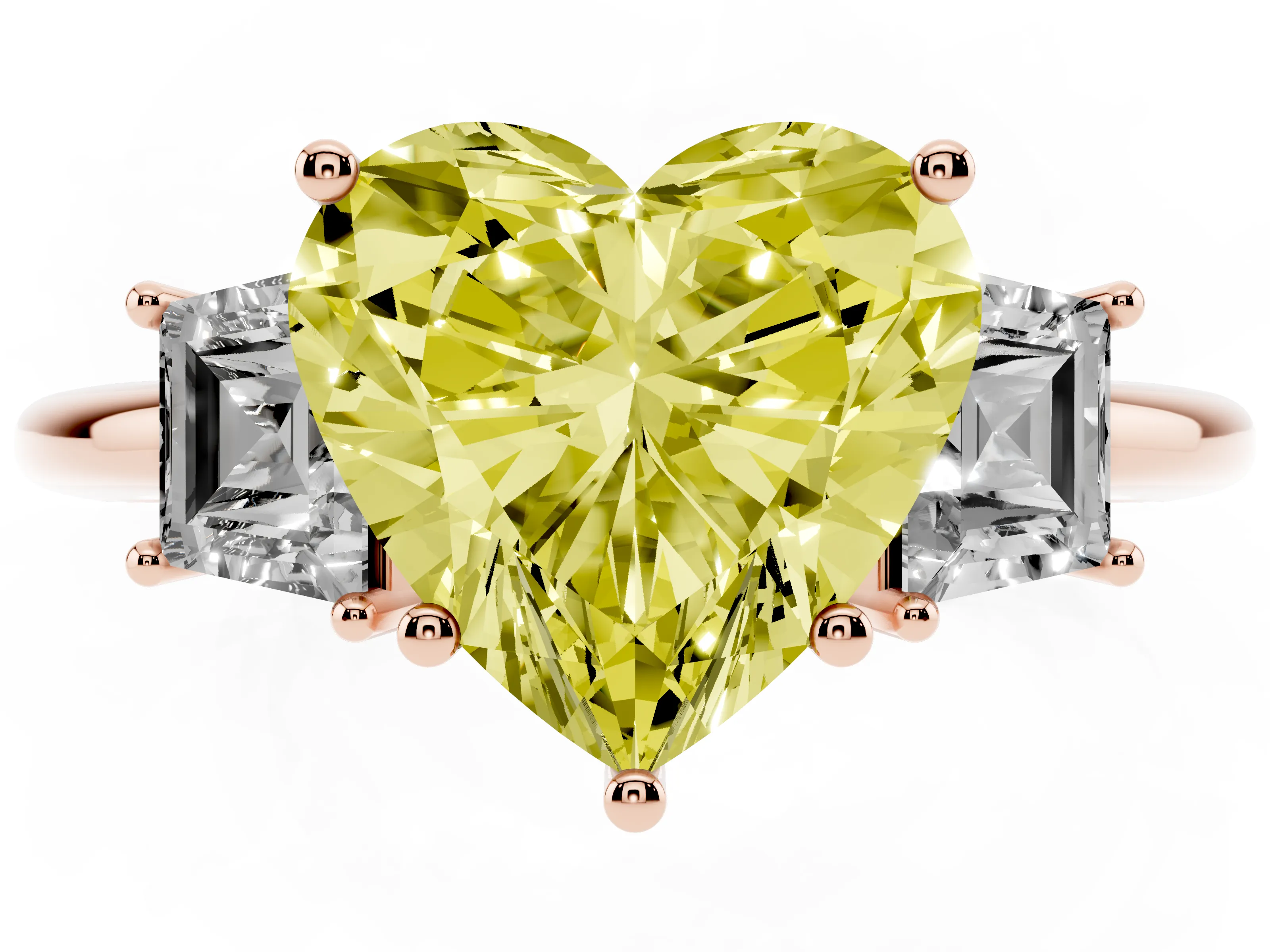 Fancy Yellow Heart Cut Diamond Three-Stone Ring Set in Rose gold with Trapezoid Side Stones and Prong Setting