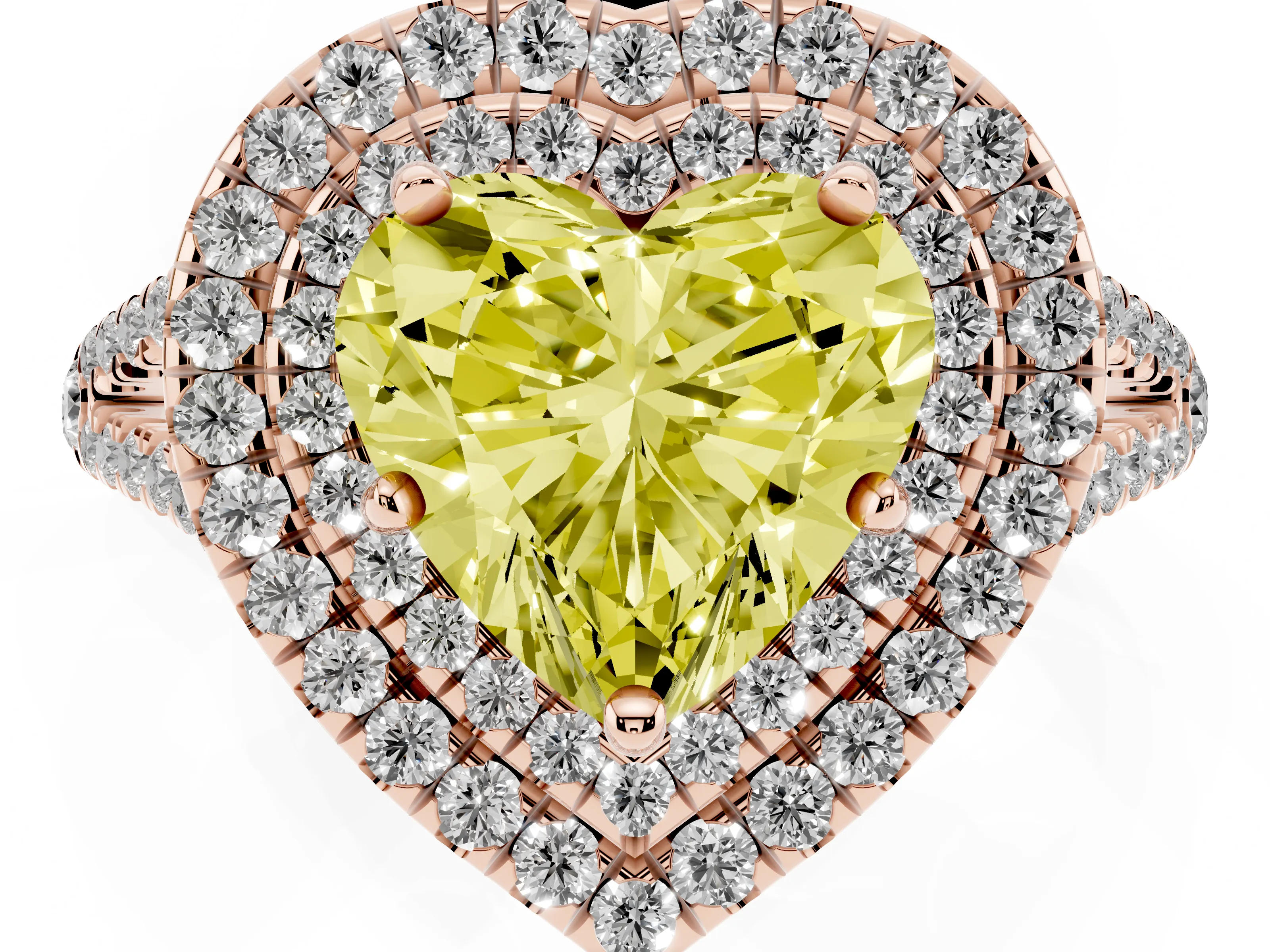 Fancy Yellow Heart Cut Diamond Double Halo Ring Set in Rose gold with Pavé Band