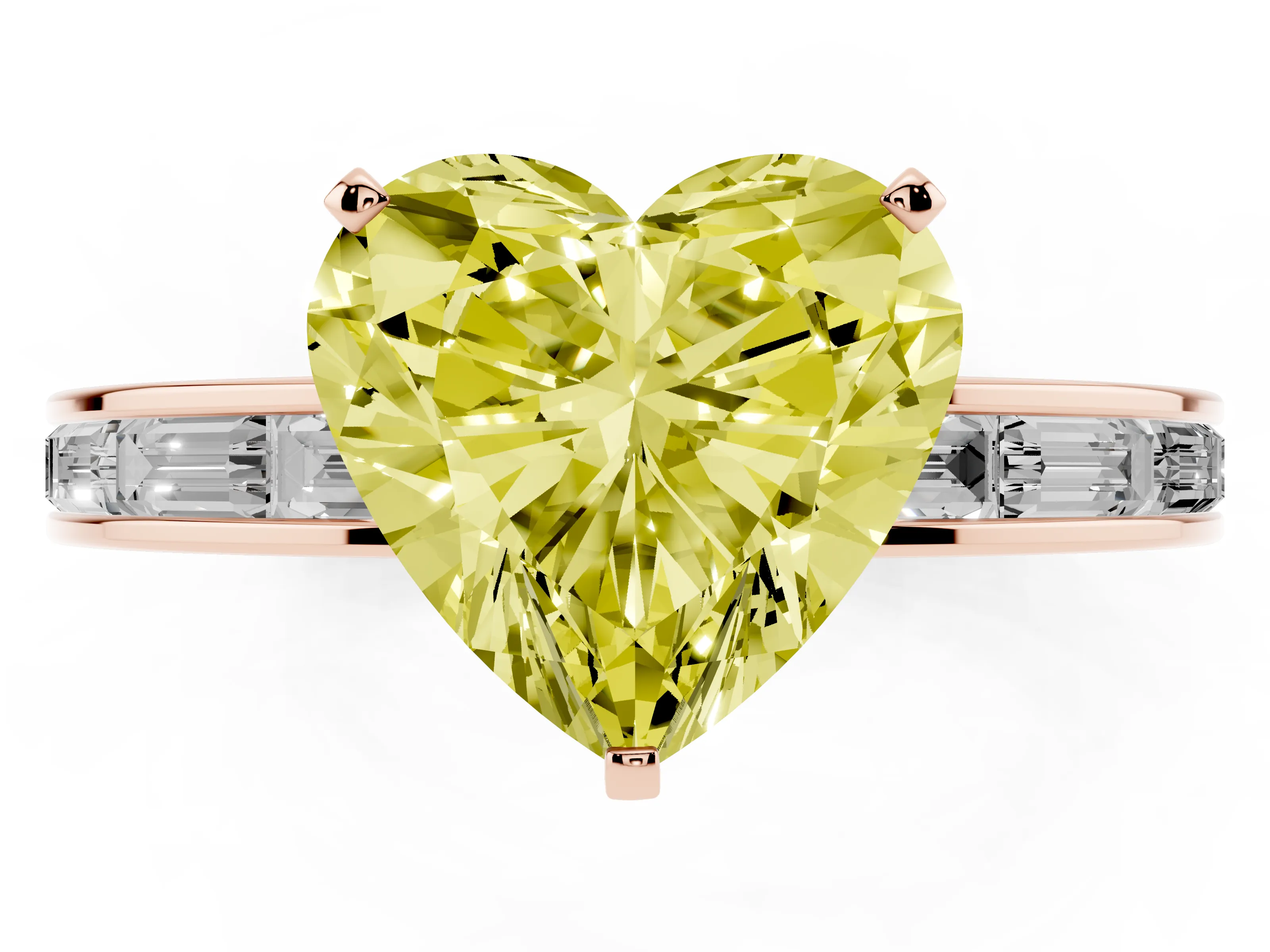 Fancy Yellow Heart Cut Diamond Solitaire Ring Set in Rose gold with Channel-Set Baguette Band and Prong Setting