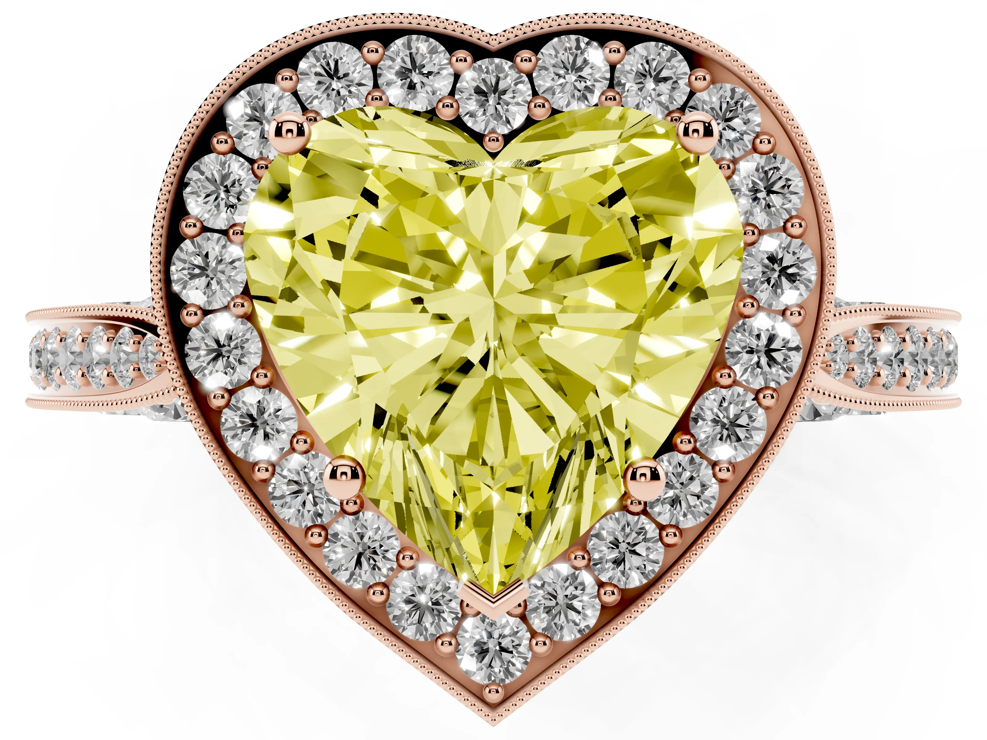 Fancy Yellow Heart Cut Diamond Halo Engagement Ring Set in Rose gold with Accent Split Shank Band