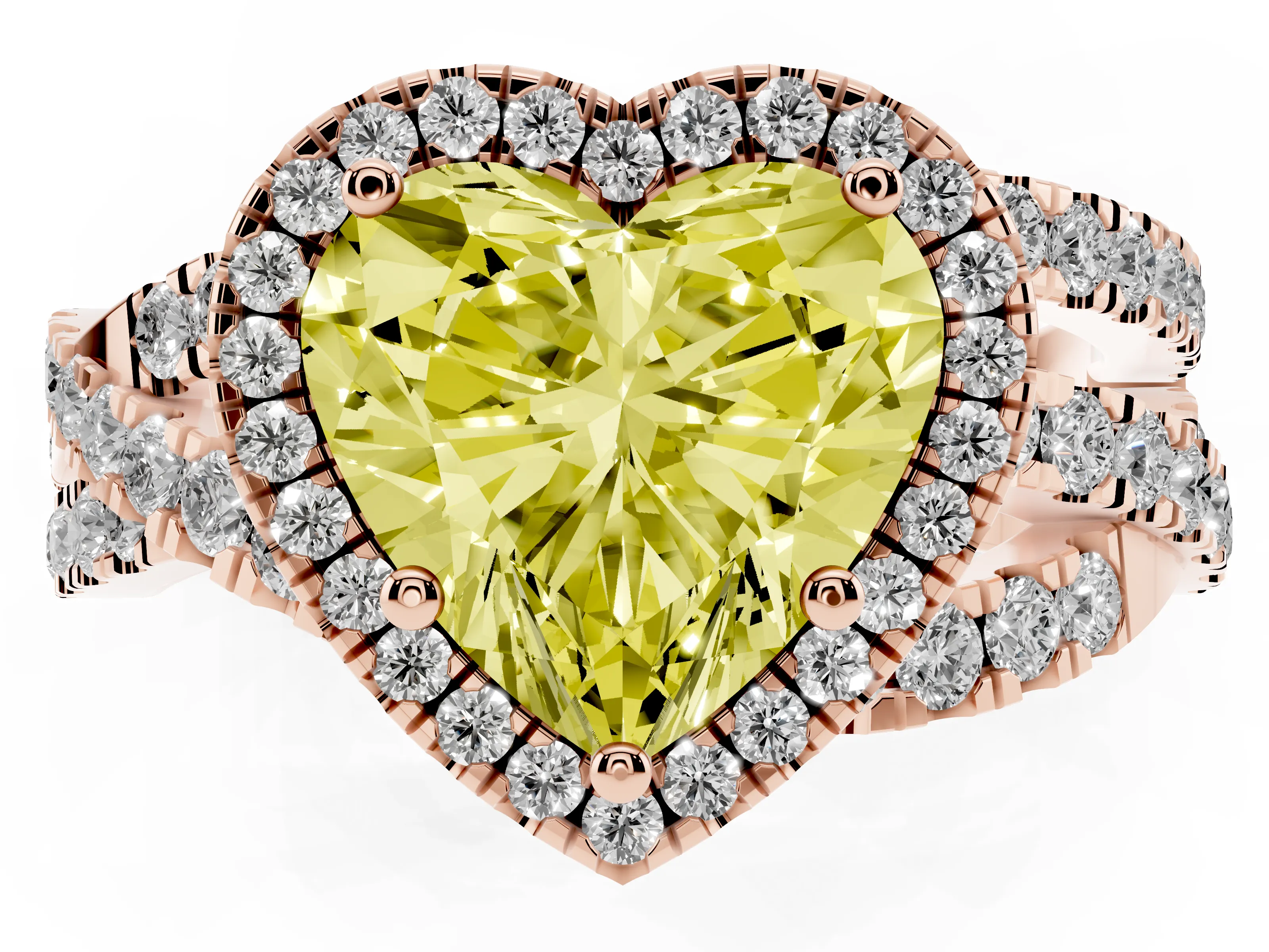 Fancy Yellow Heart Cut Diamond Halo Ring Set in Rose gold with Round Crossover Split Shank and Prong Setting
