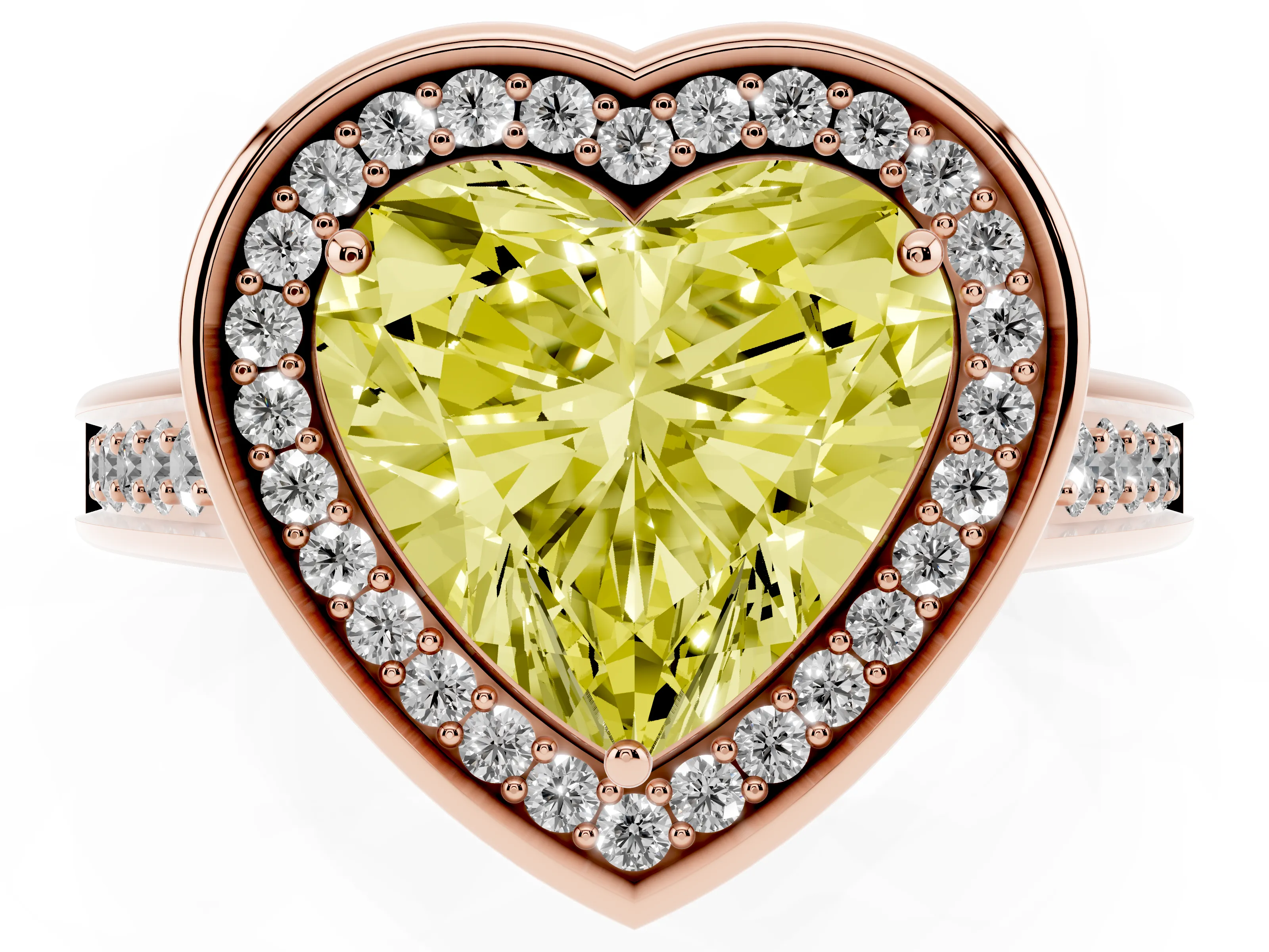 Fancy Yellow Heart Cut Diamond Halo Solitaire Ring Set in Rose gold with Pavé Band and Bezel Setting