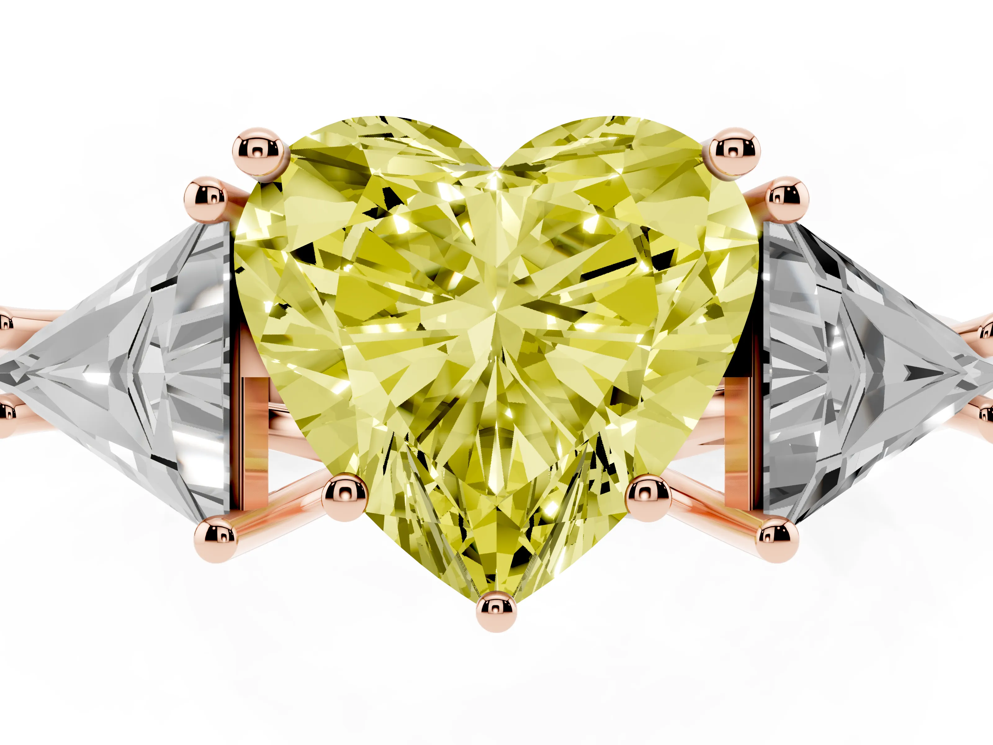 Fancy Yellow Heart Cut Diamond Three-Stone Engagement Ring Set in Rose gold with Trillion Side Stones