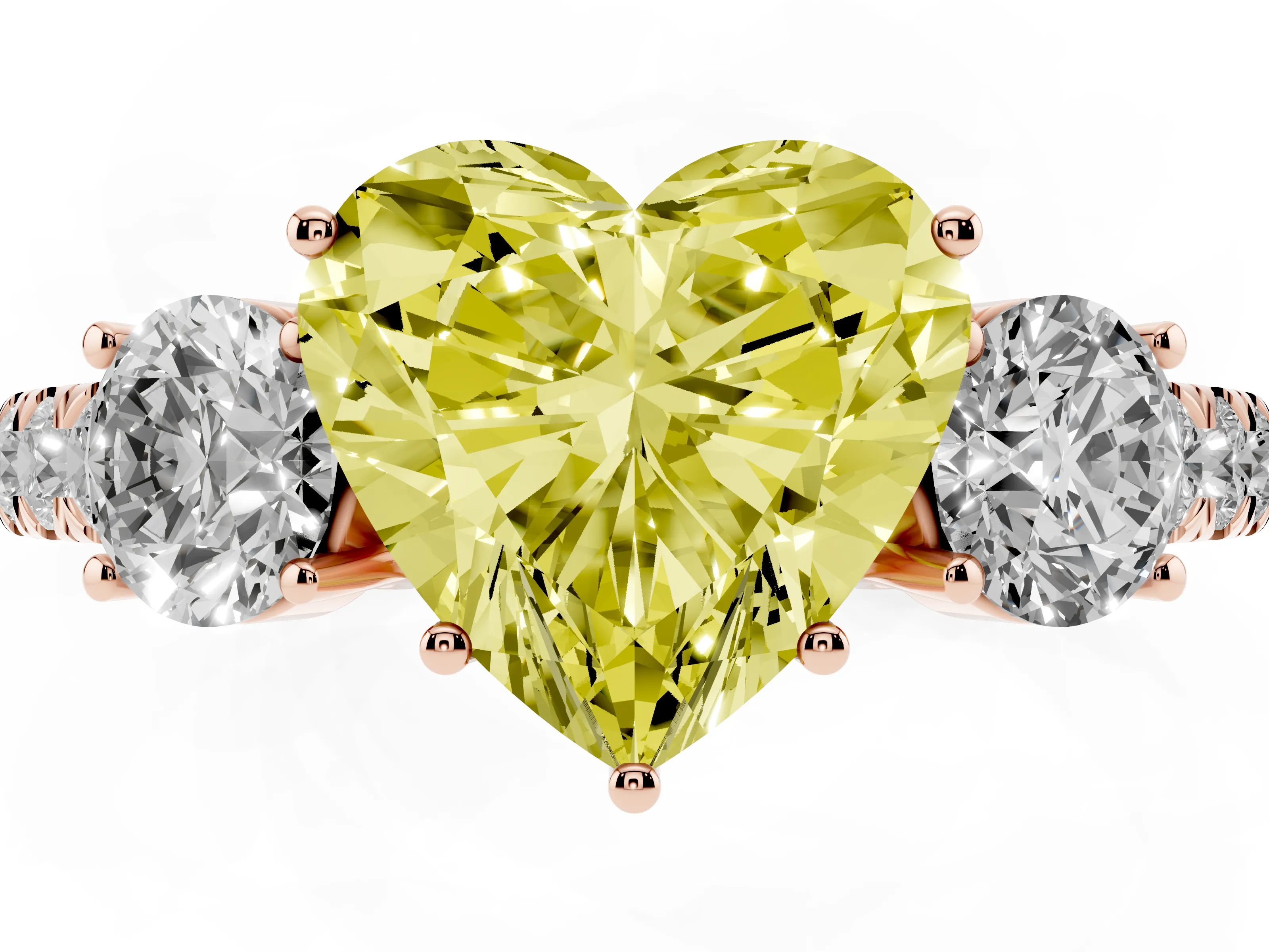 Fancy Yellow Heart Cut Diamond Three-Stone Ring Set in Rose gold with Round Side Stones and Delicate Pavé Band