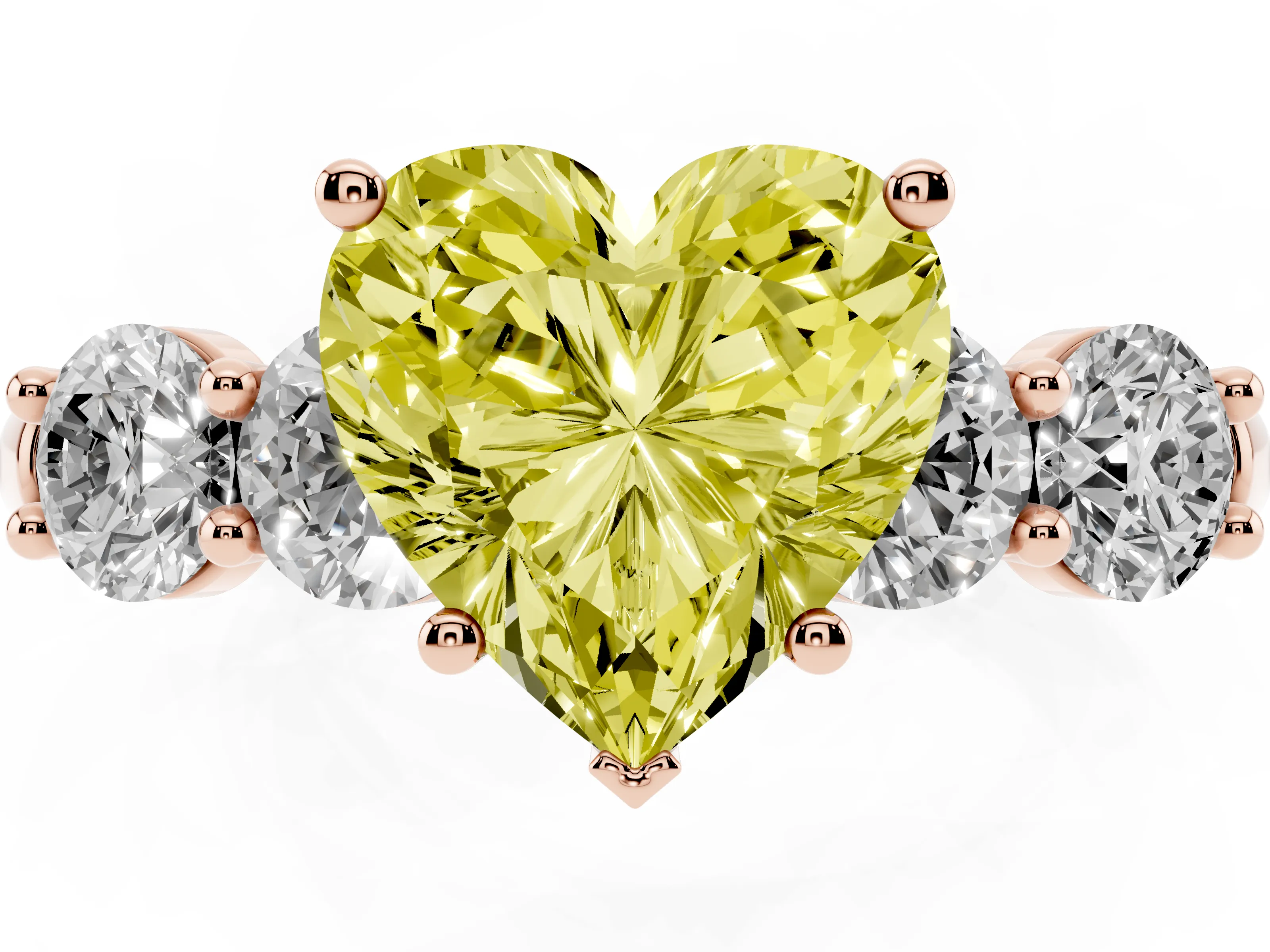 Fancy Yellow Heart Cut Diamond Five-Stone Prong Set Ring Set in Rose gold with Classic Band