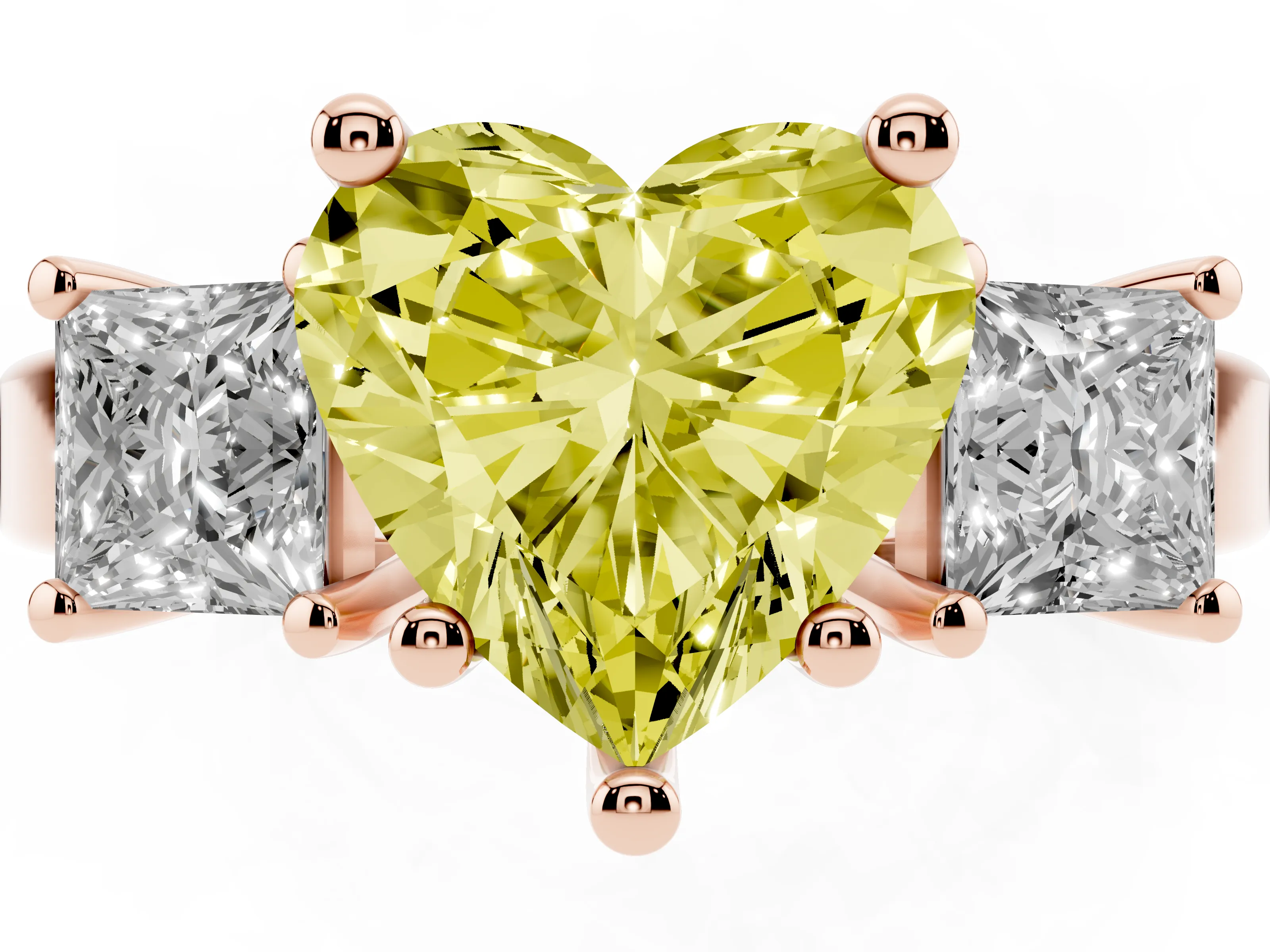 Fancy Yellow Three-Stone Heart Cut Diamond Solitaire Ring Set in Rose gold with Prong Setting