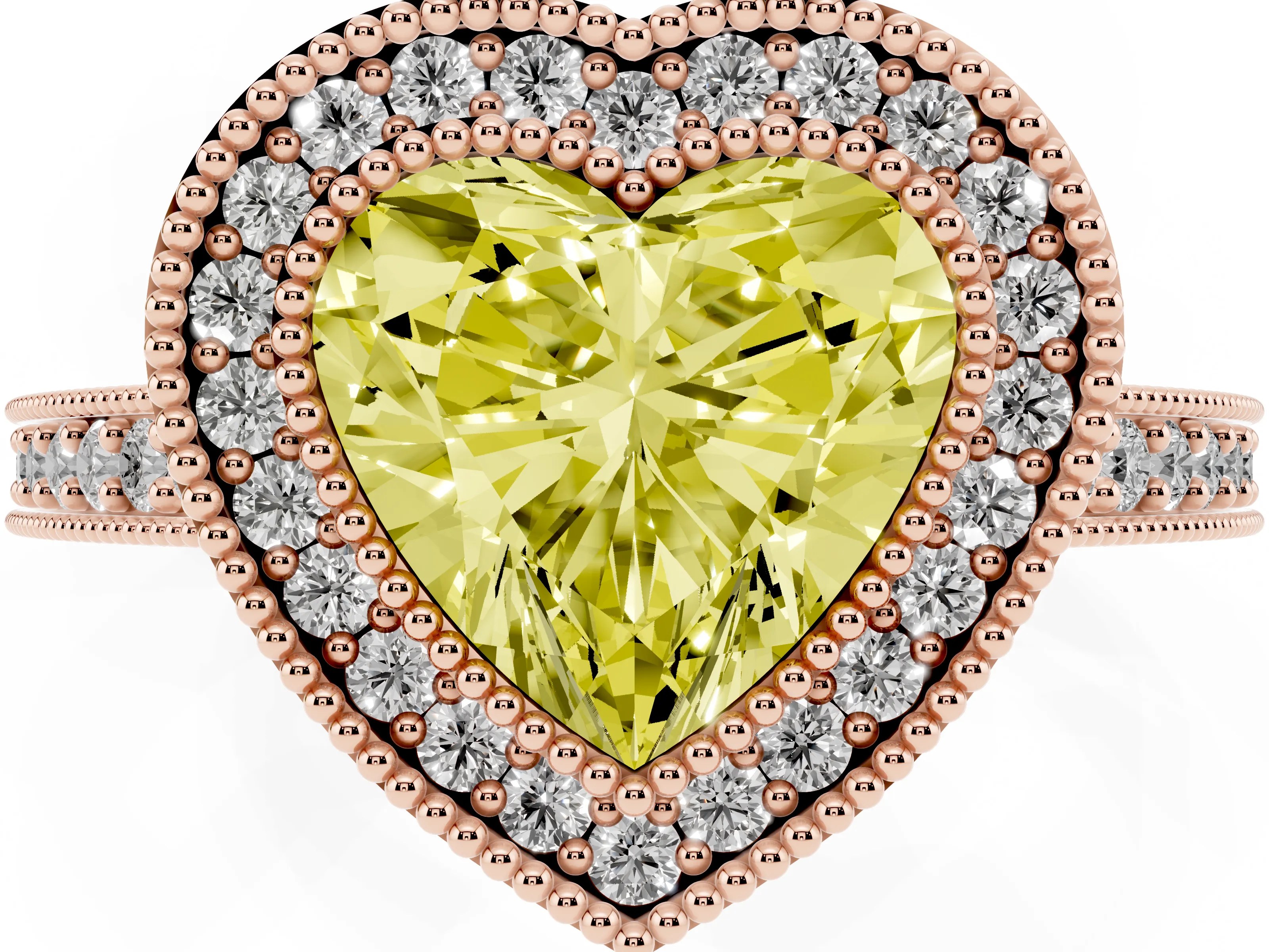 Fancy Yellow Heart Cut Diamond Halo Engagement Ring Set in Rose gold with Pavé Band and Round Halo Stones