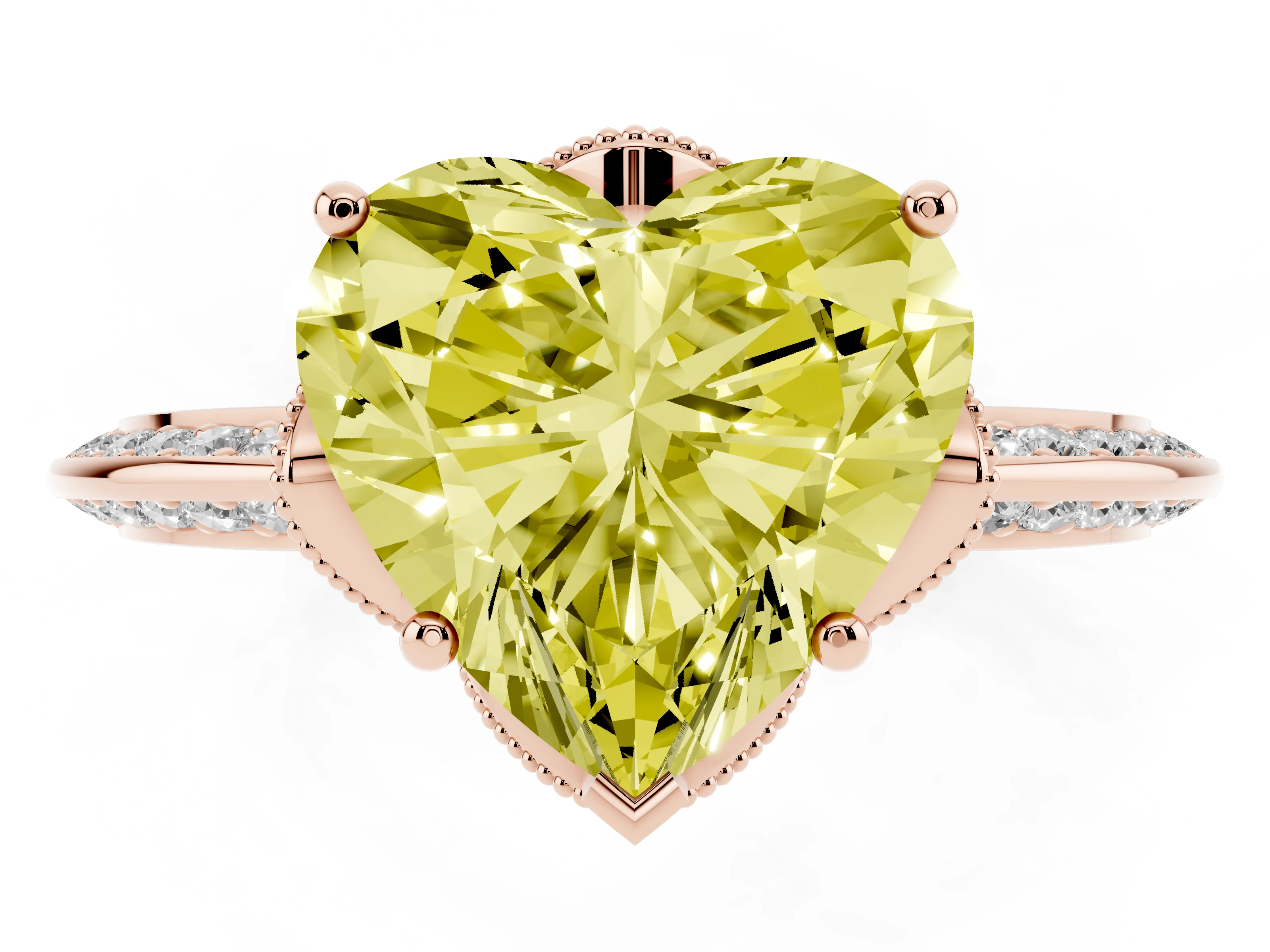 Fancy Yellow Heart Cut Diamond Solitaire Engagement Ring Set in Rose gold with Pavé Split Shank and Prong Setting