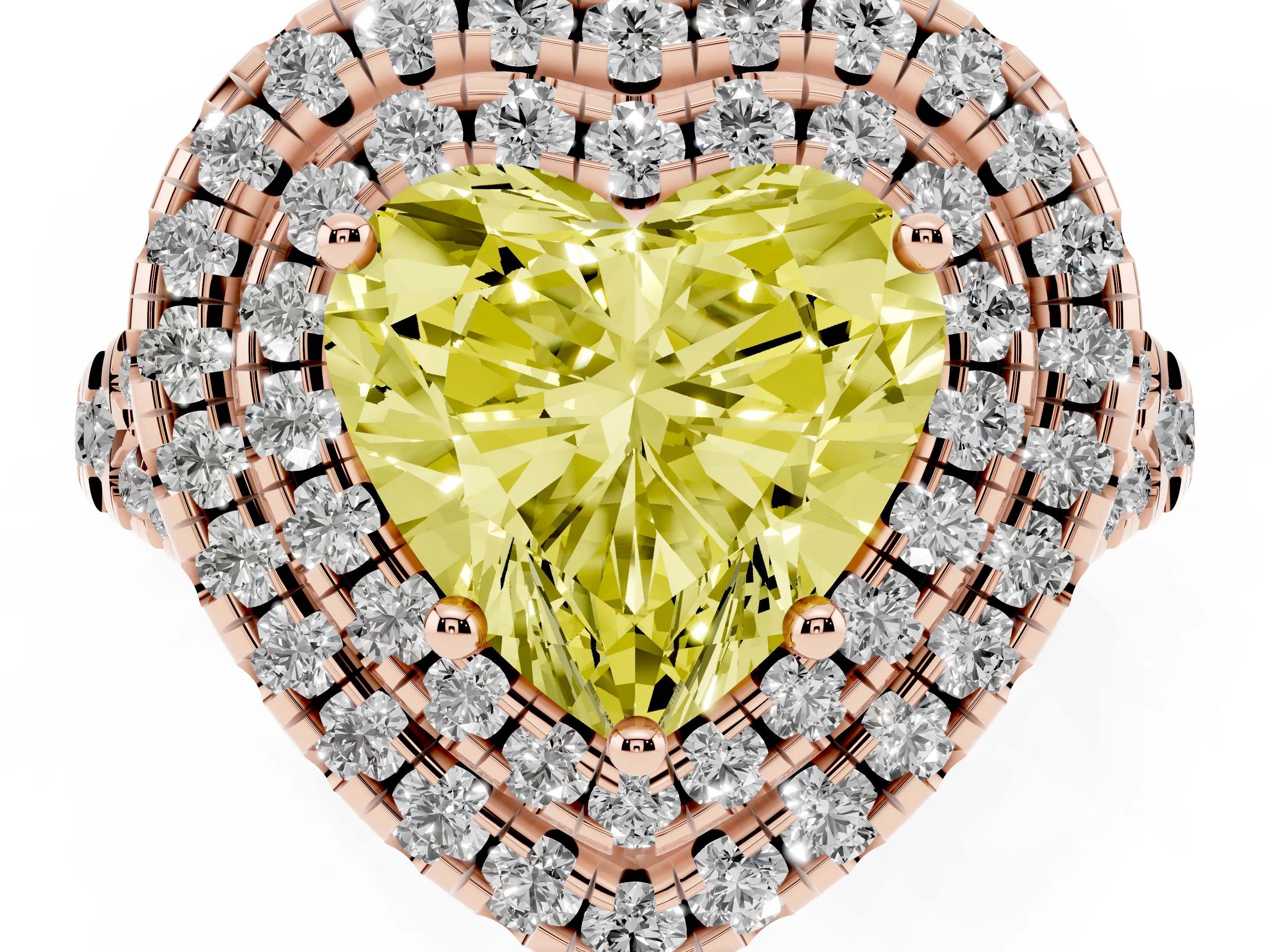 Fancy Yellow Heart Cut Diamond Double Halo Ring Set in Rose gold with Pavé Split Shank and Prong Setting