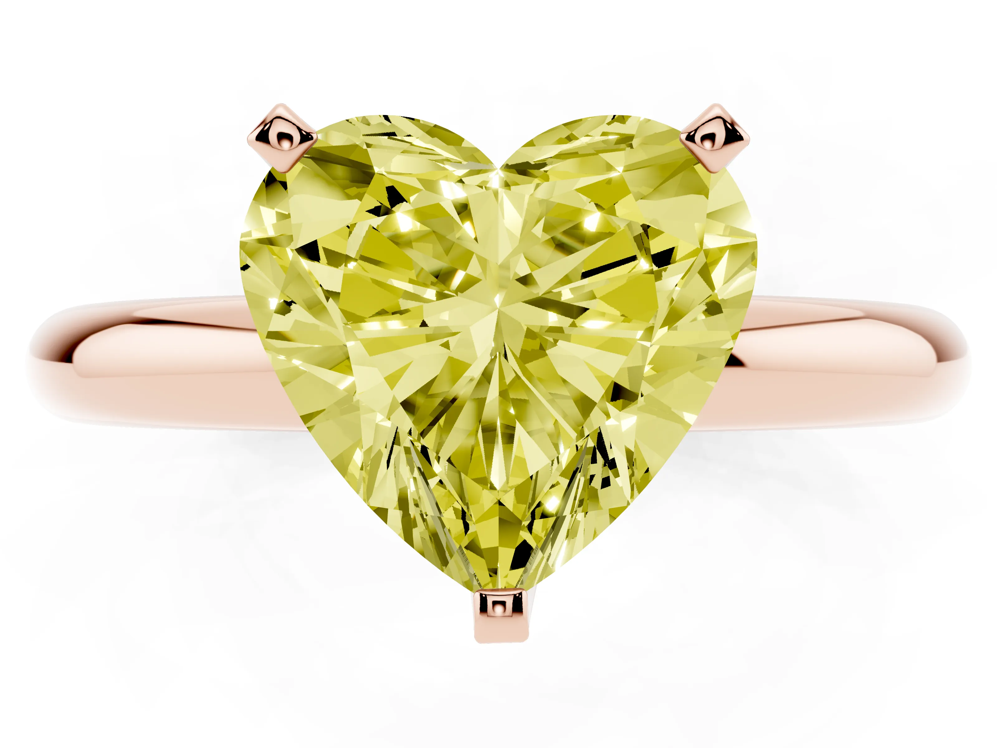 Fancy Yellow Heart Cut Diamond Solitaire Engagement Ring Set in Rose gold with Round Band and Prong Setting