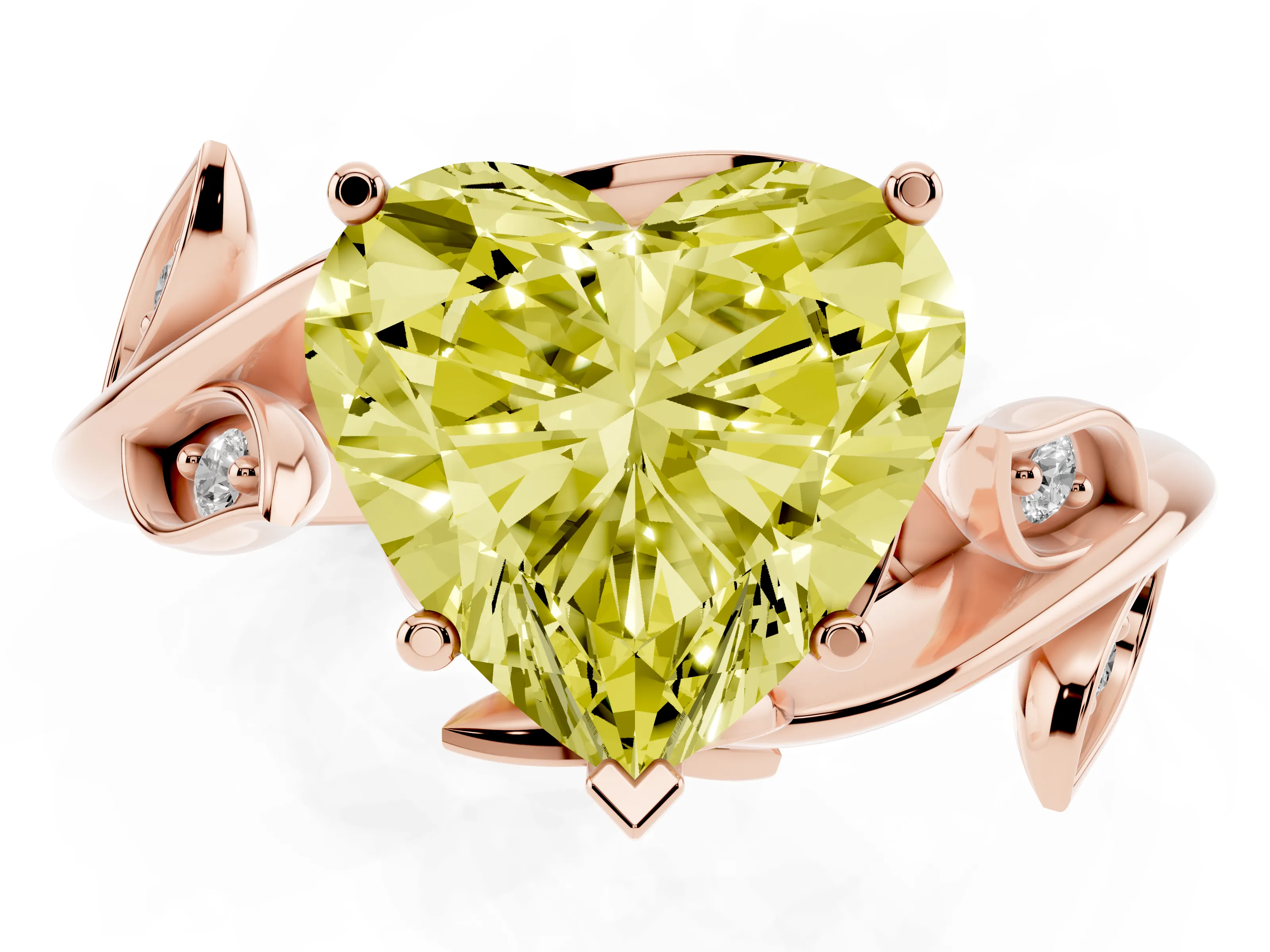 Fancy Yellow Heart Cut Diamond Solitaire Twist Engagement Ring Set in Rose gold with Pavé Leaf Accents