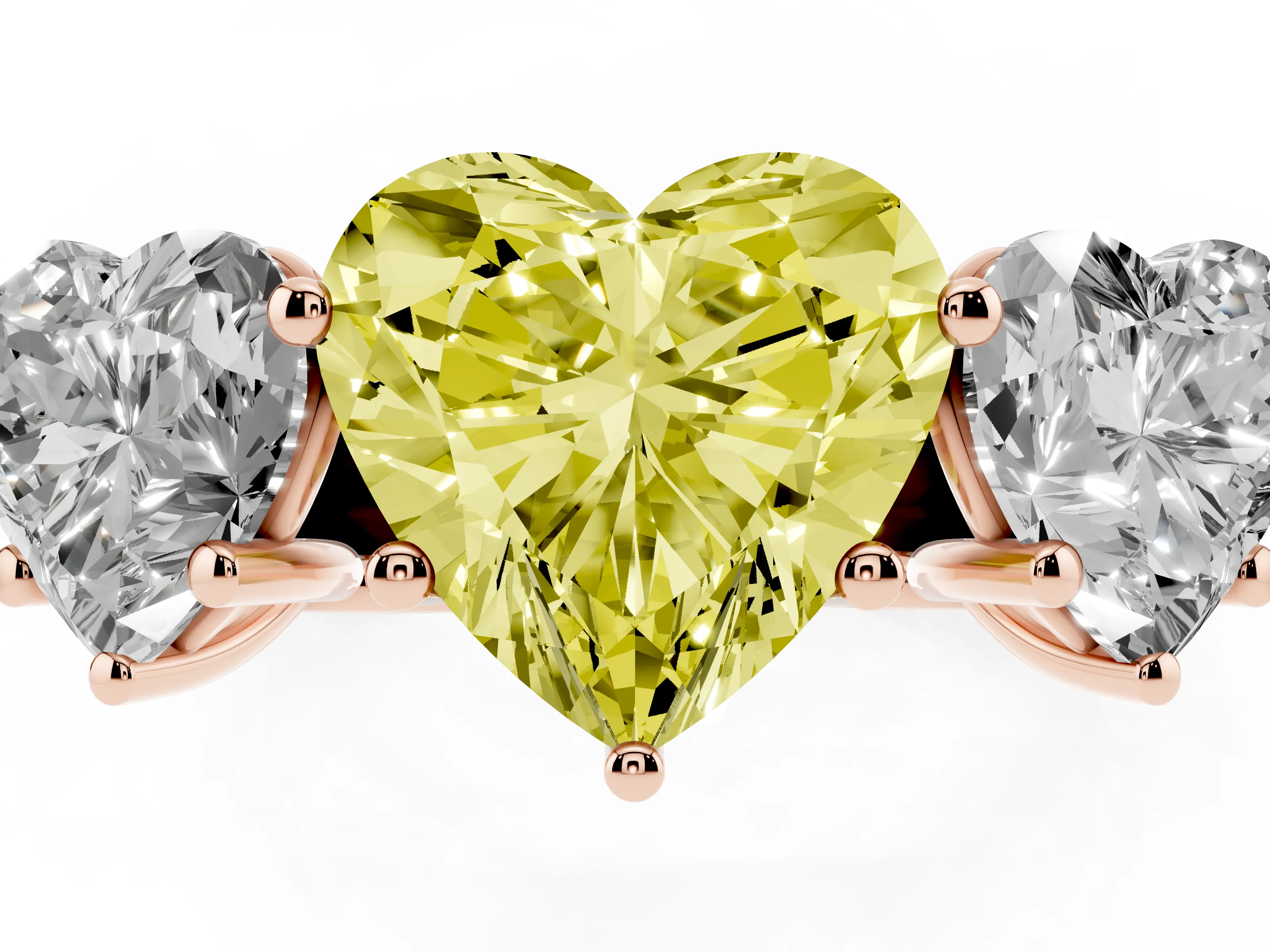 Fancy Yellow Heart Cut Diamond Three-Stone Ring Set in Rose gold with Plain Polished Band