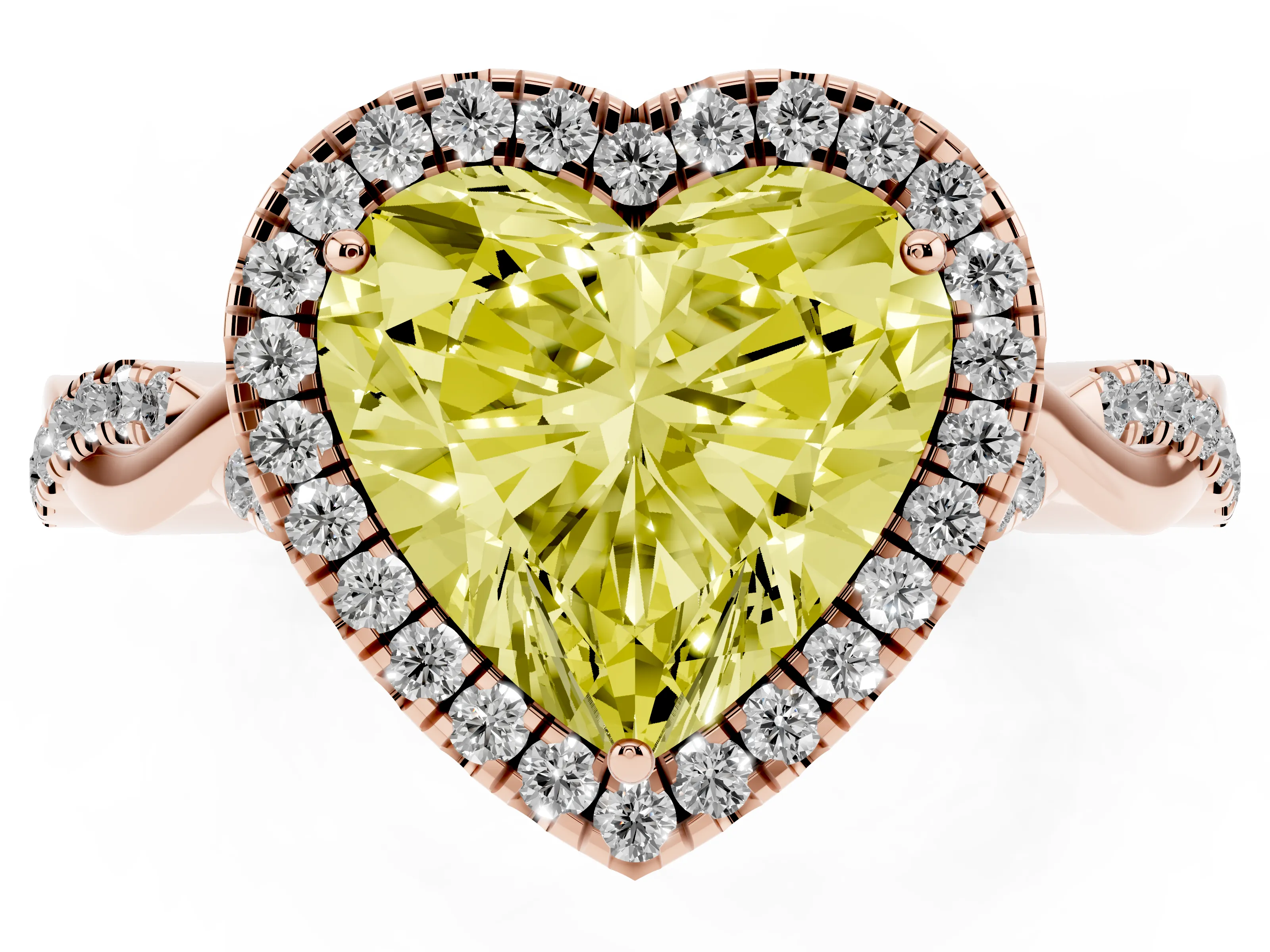 Fancy Yellow Heart Cut Diamond Halo Twist Band Solitaire Ring Set in Rose gold with Prong Setting