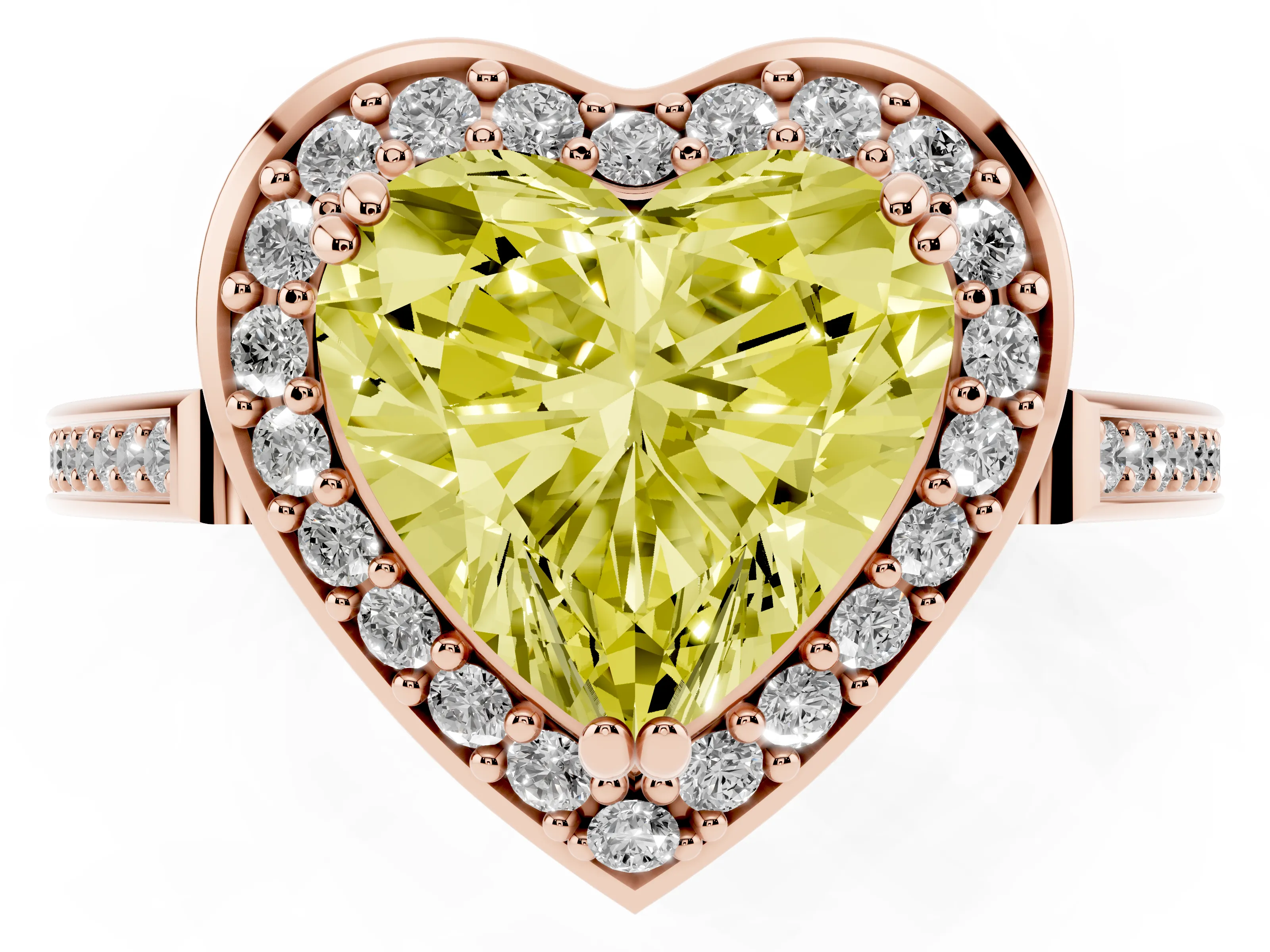 Fancy Yellow Heart Cut Diamond Halo Ring Set in Rose gold with Accent-Lined Split Shank and Prong Setting