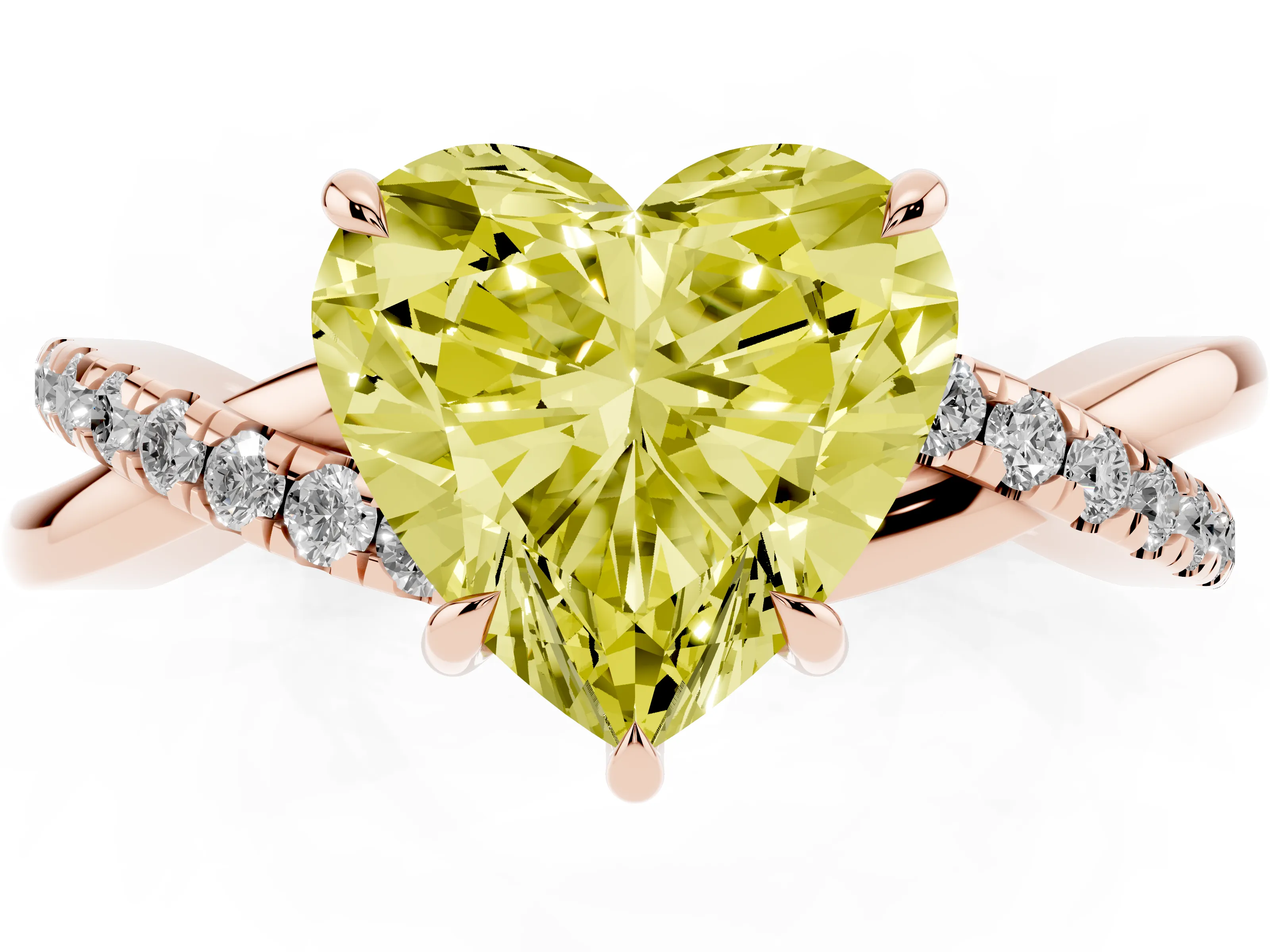 Fancy Yellow Heart Cut Diamond Twisted Pavé Band Ring Set in Rose gold with Prong Setting
