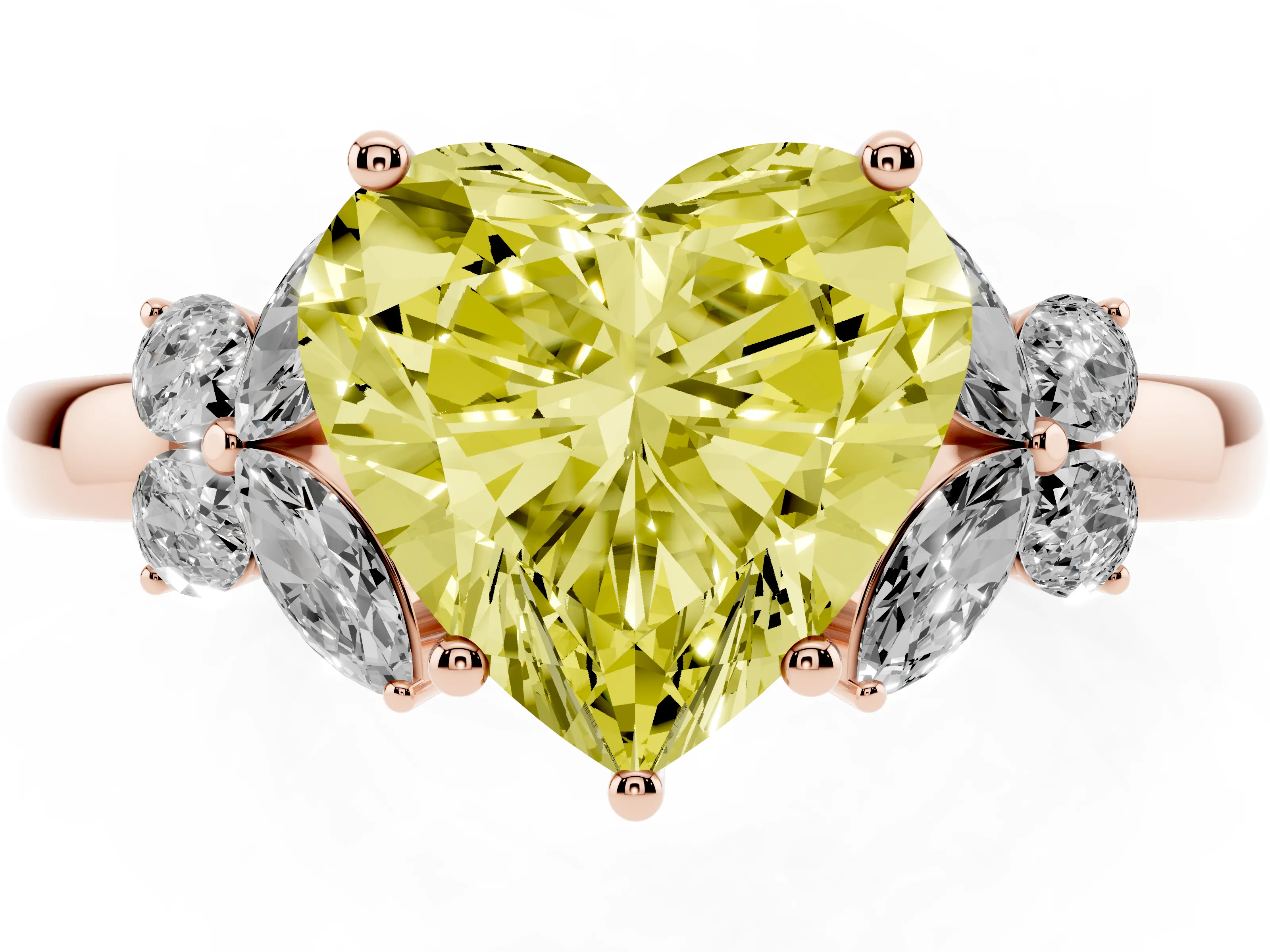 Fancy Yellow Heart Cut Diamond Solitaire Floral Ring Set in Rose gold with Marquise Petals and Prong Setting