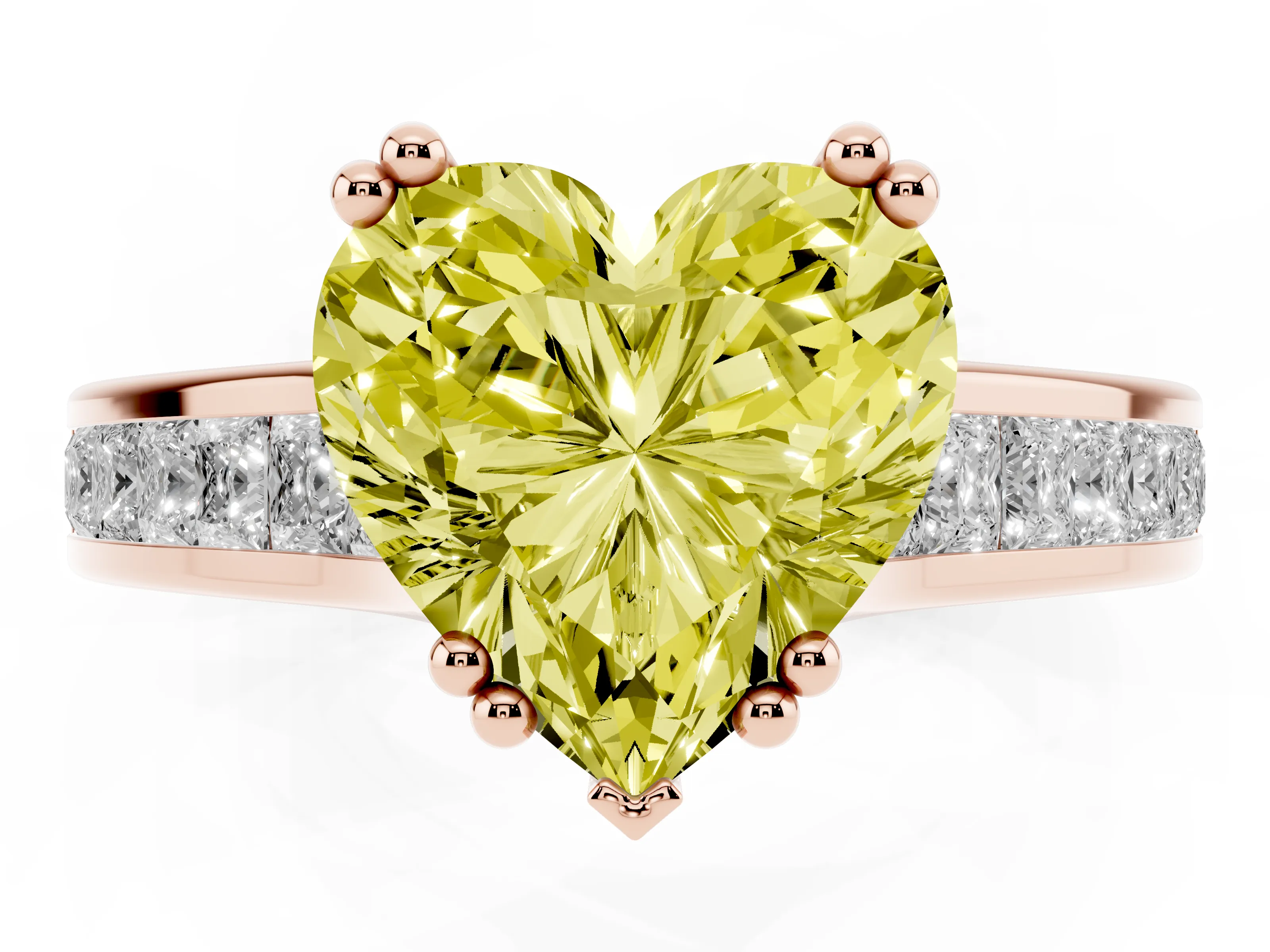 Fancy Yellow Heart Cut Diamond Channel Set Solitaire Engagement Ring Set in Rose gold with Prong Setting