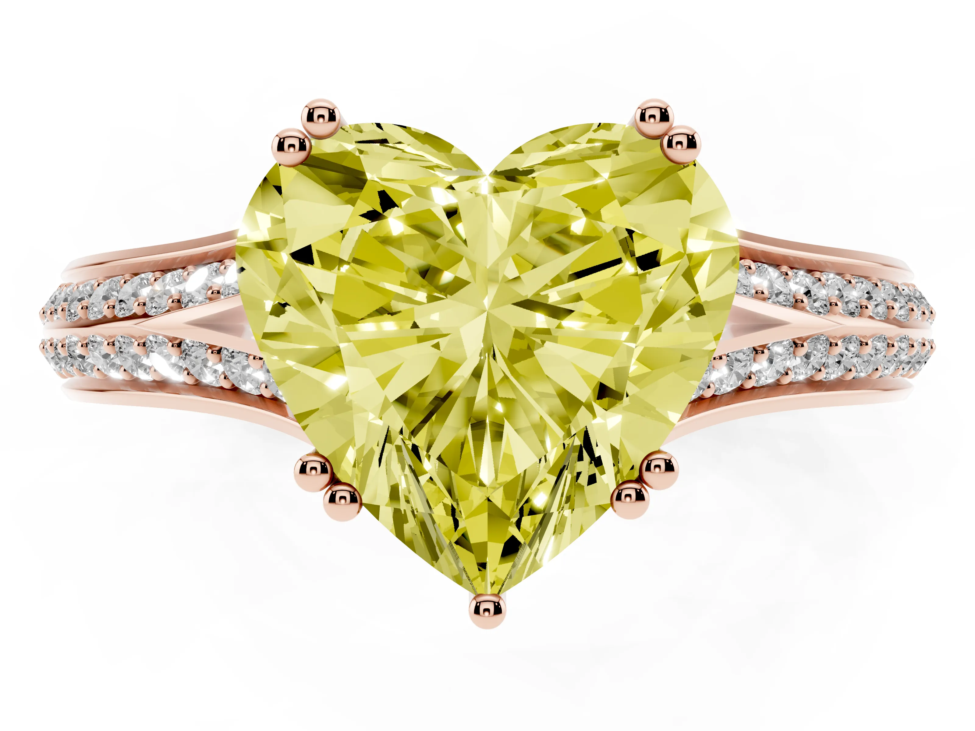 Fancy Yellow Heart Cut Diamond Split Shank Pavé Engagement Ring Set in Rose gold with Prong-Set Center Stone