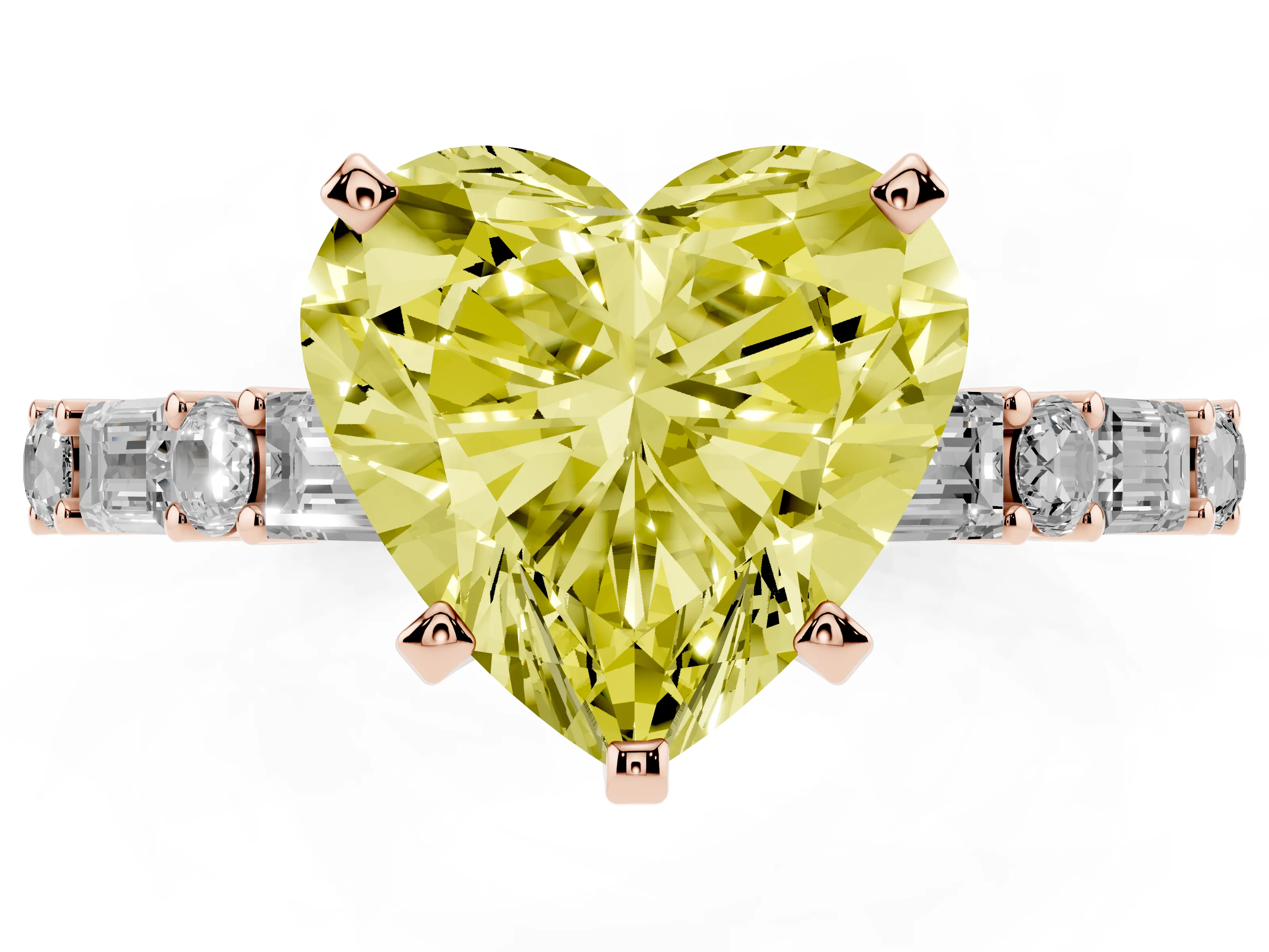 Fancy Yellow Heart Cut Diamond Solitaire Set in Rose gold with Side Baguettes and Channel Set Band