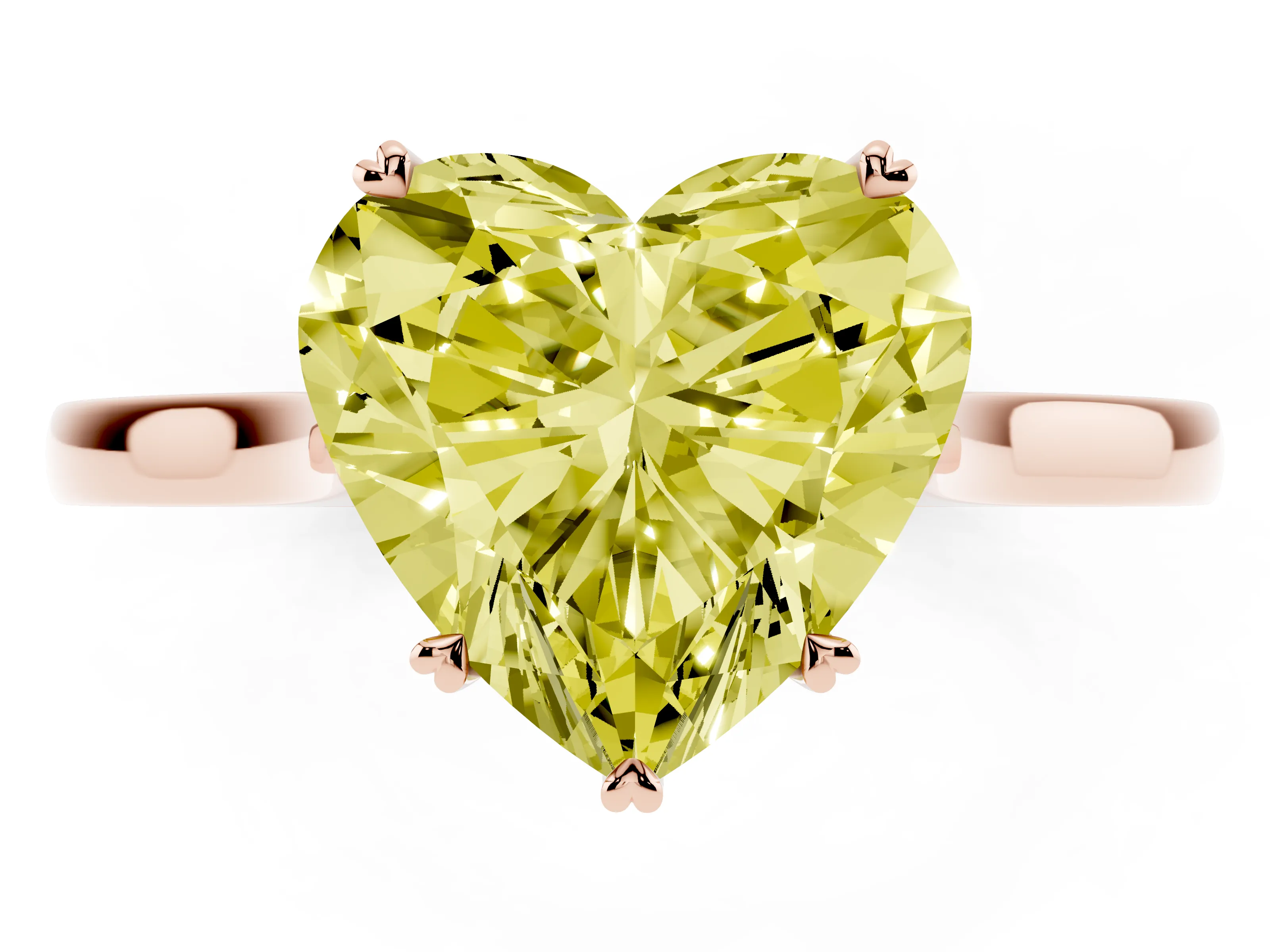 Fancy Yellow Heart Cut Diamond Solitaire Heart Prong Engagement Ring Set in Rose gold with Tapered Band
