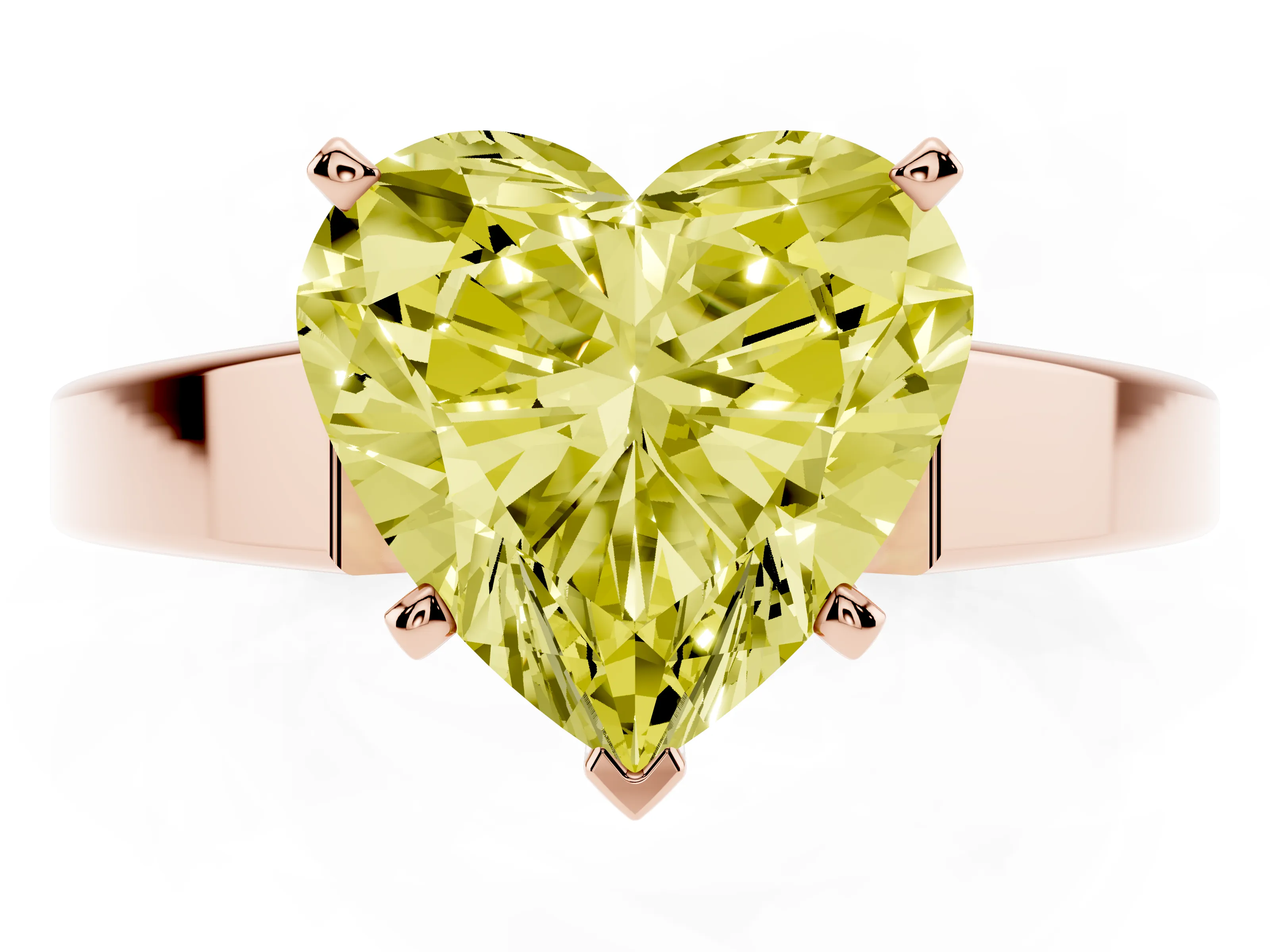 Fancy Yellow Heart Cut Diamond Solitaire Engagement Ring Set in Rose gold with Prong Setting and Tapered Band