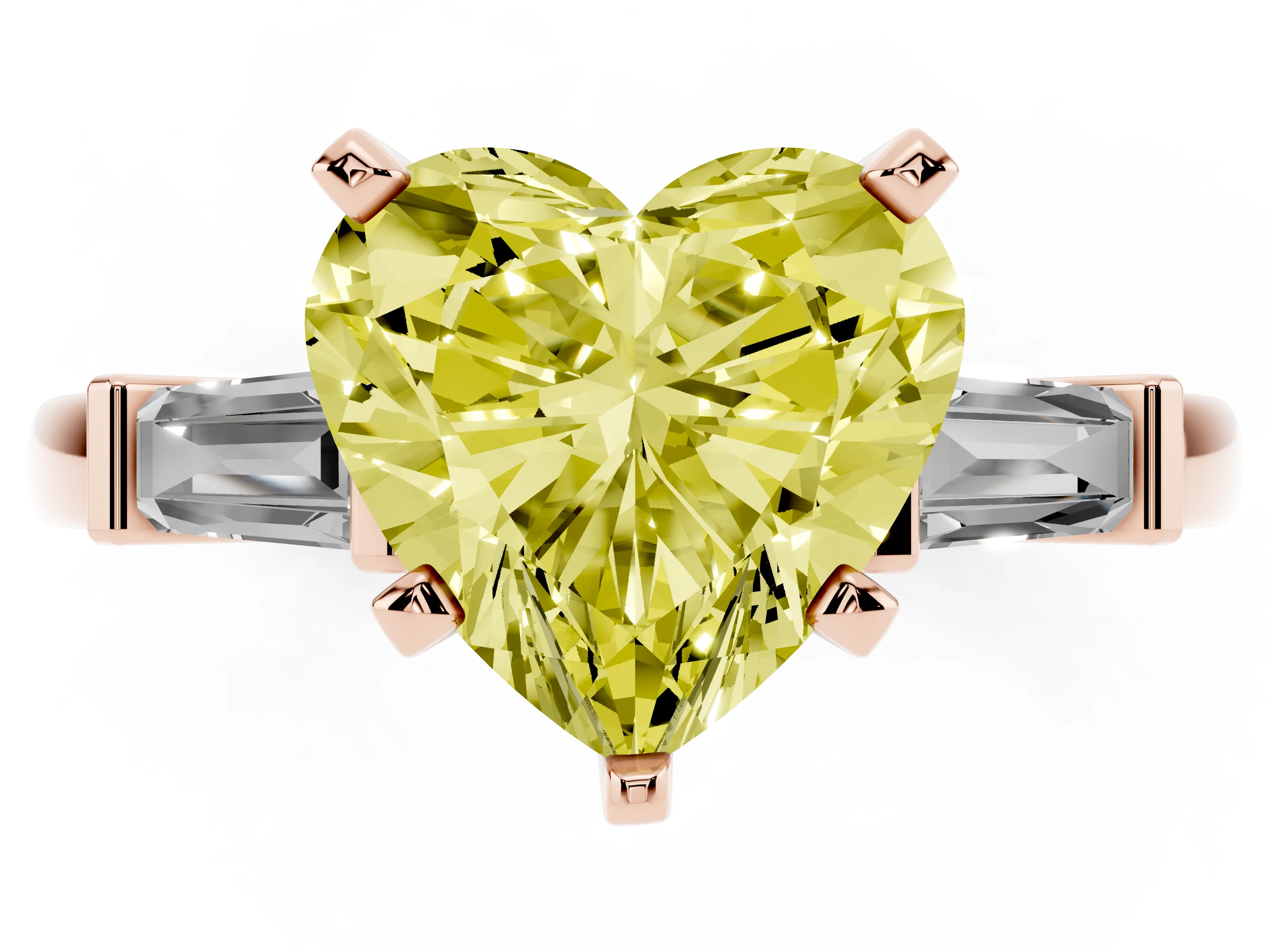 Fancy Yellow Heart Cut Diamond Solitaire Ring Set in Rose gold with Tapered Baguette Accents and Prong Setting