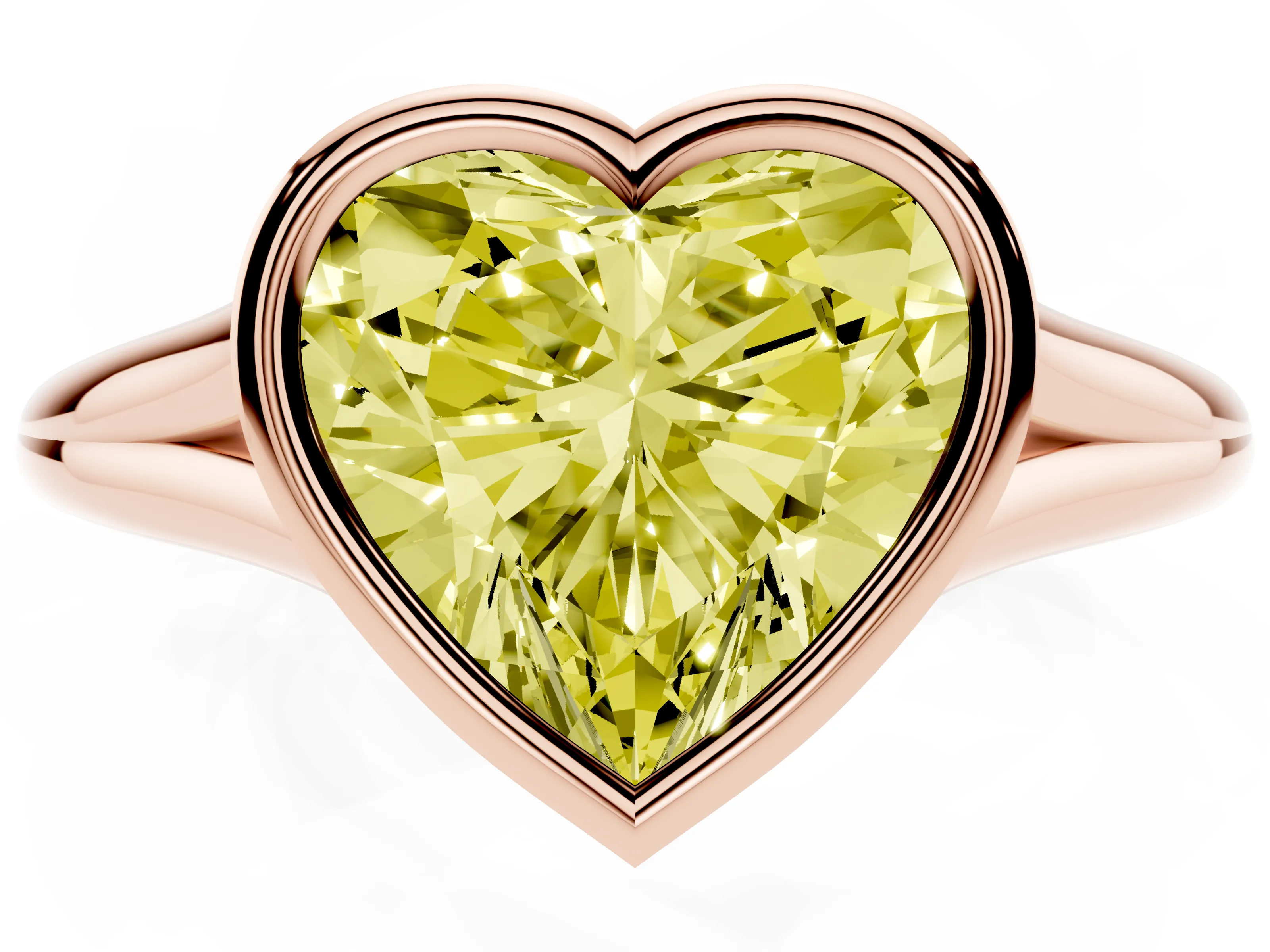 Fancy Yellow Bezel Set Heart Cut Diamond Solitaire Ring Set in Rose gold with Tapered Band