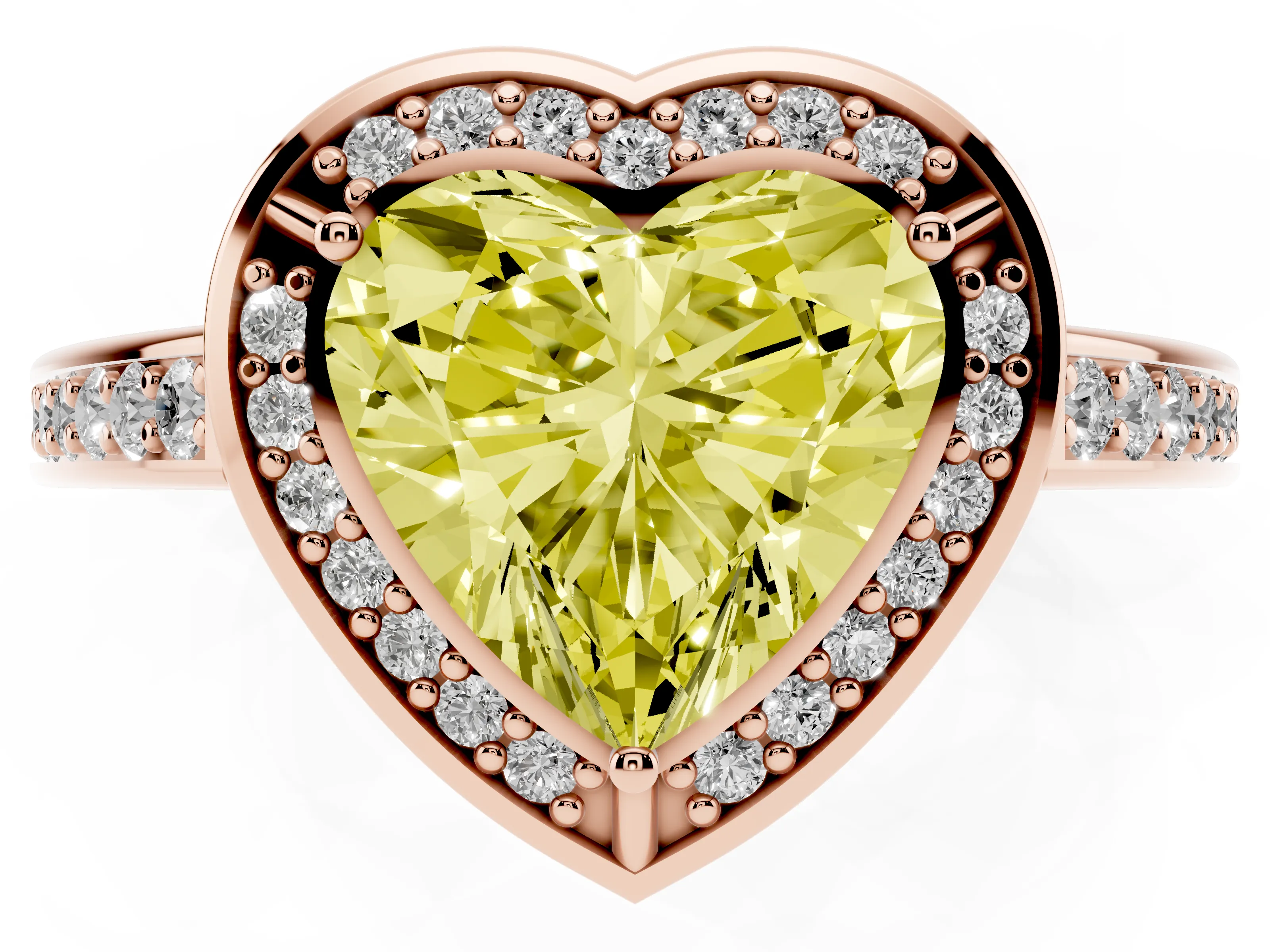 Fancy Yellow Heart Cut Diamond Halo Pavé Split Shank Ring Set in Rose gold with Prong Setting