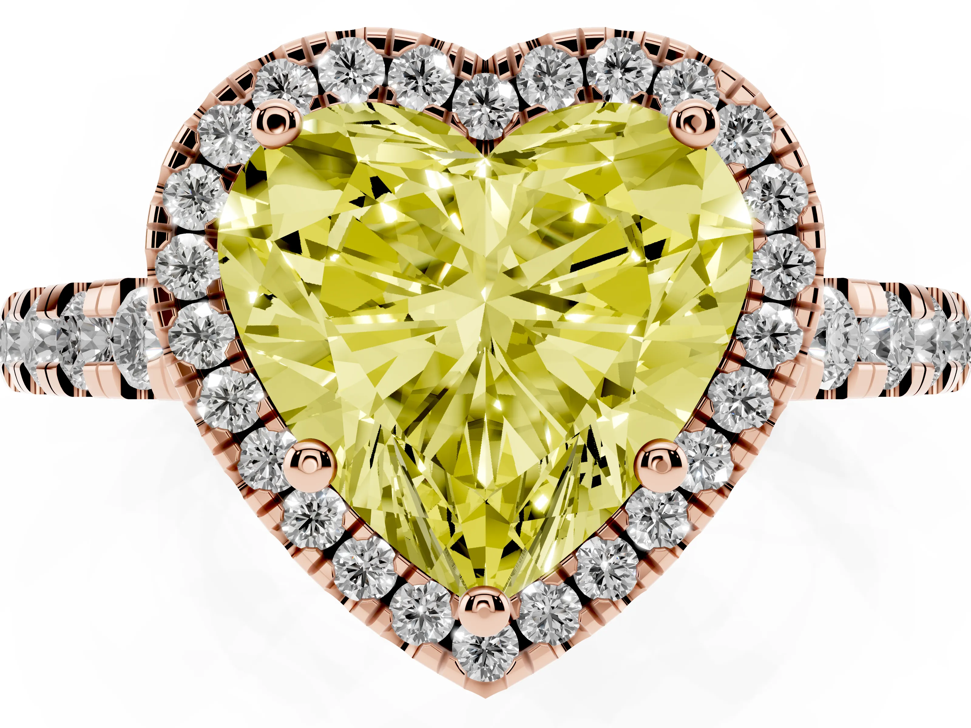 Fancy Yellow Heart Cut Diamond Halo Ring Set in Rose gold with Delicate Pavé Band and Prong Setting