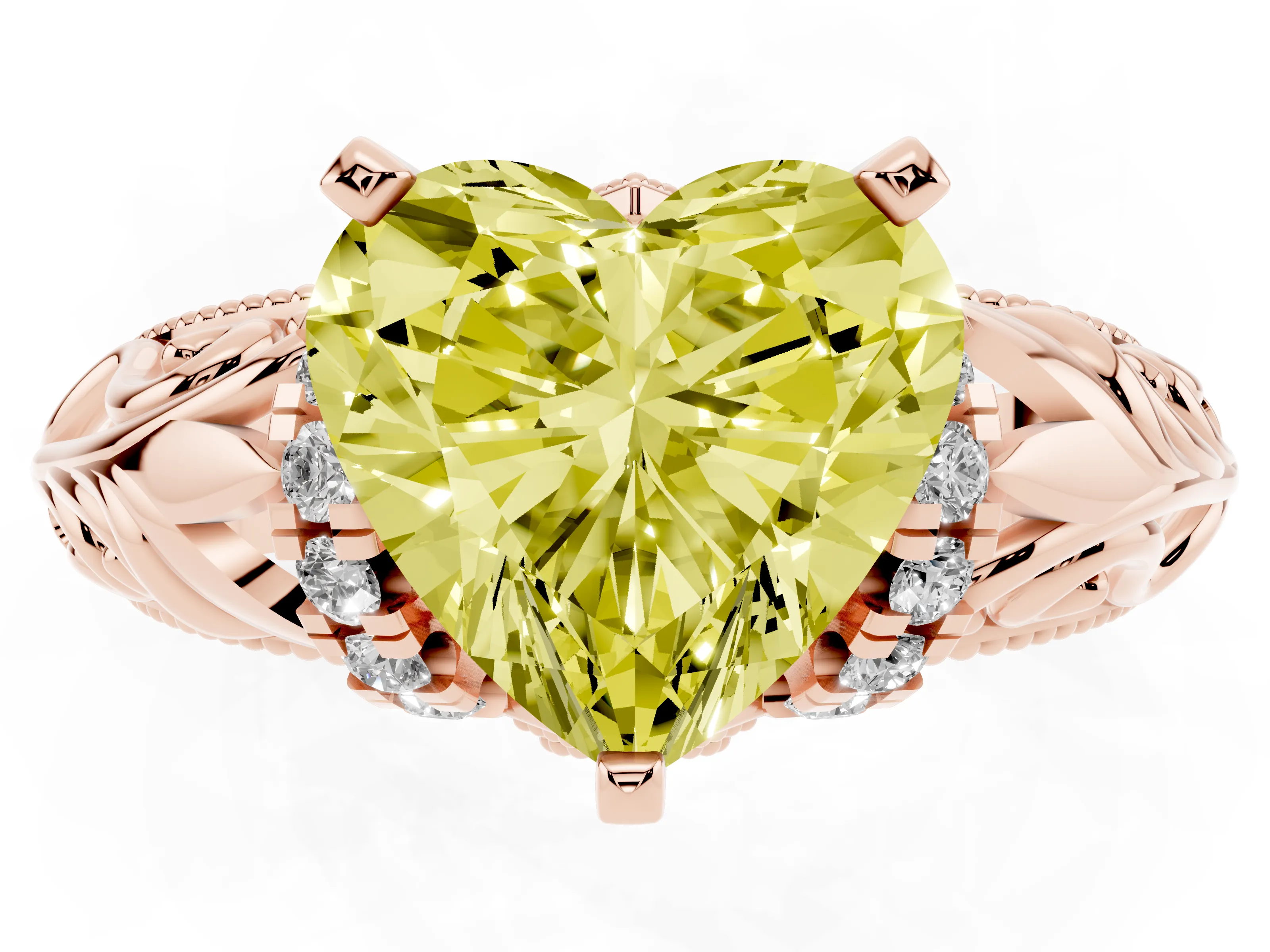 Fancy Yellow Heart Cut Diamond Filigree Halo Engagement Ring Set in Rose gold with Prong Setting