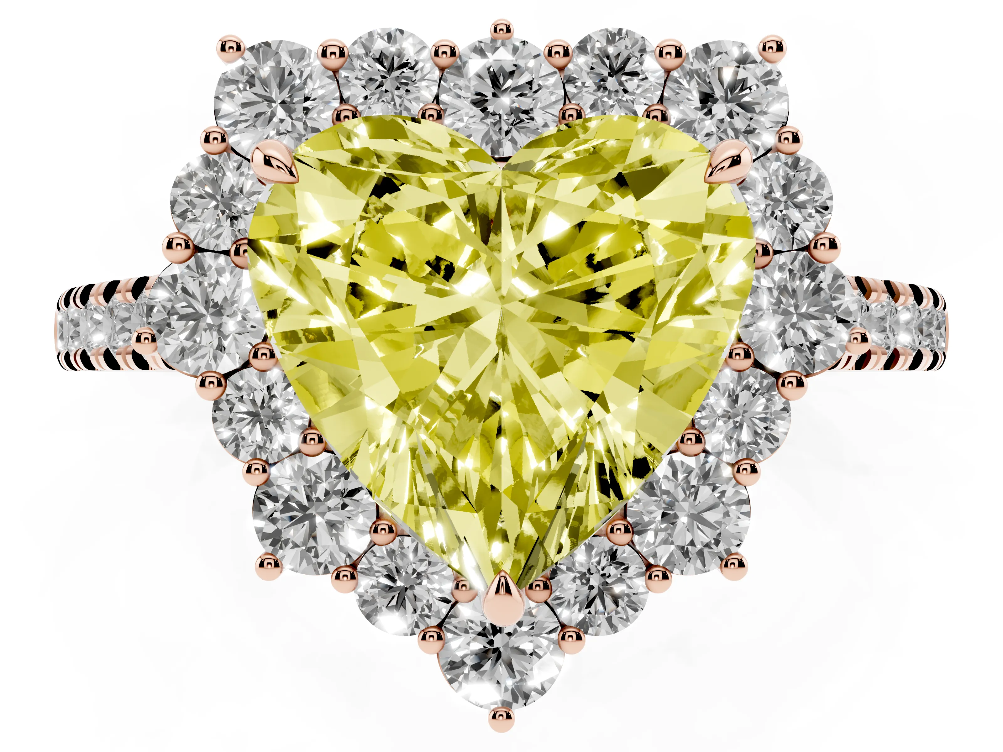 Fancy Yellow Heart Cut Diamond Halo Ring Set in Rose gold with Pavé Band and Prong Setting