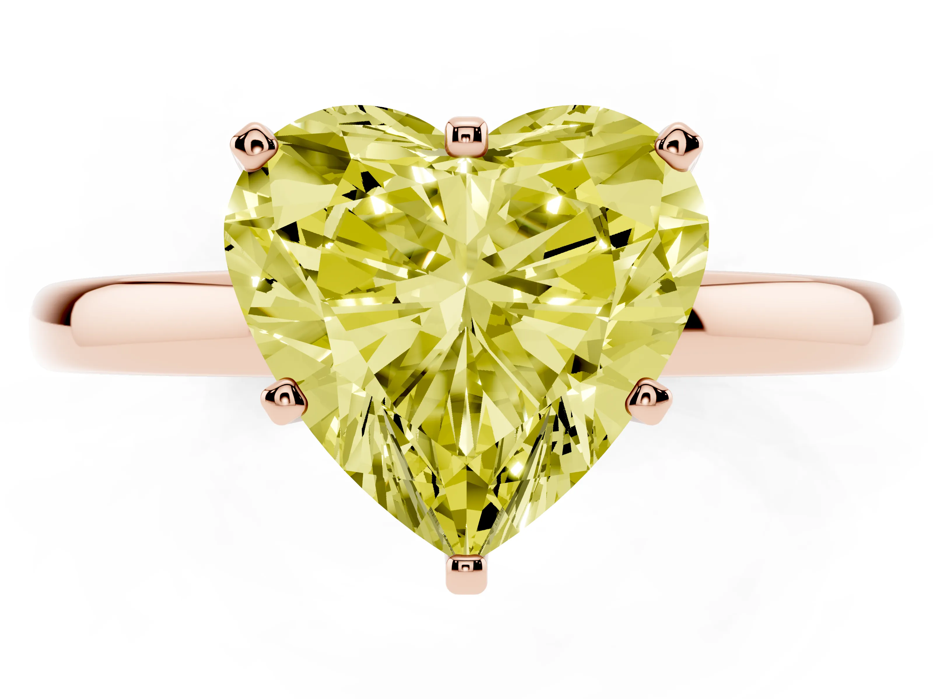 Fancy Yellow Heart Cut Diamond Solitaire Ring Set in Rose gold with Raised Prong Setting on a Classic Band