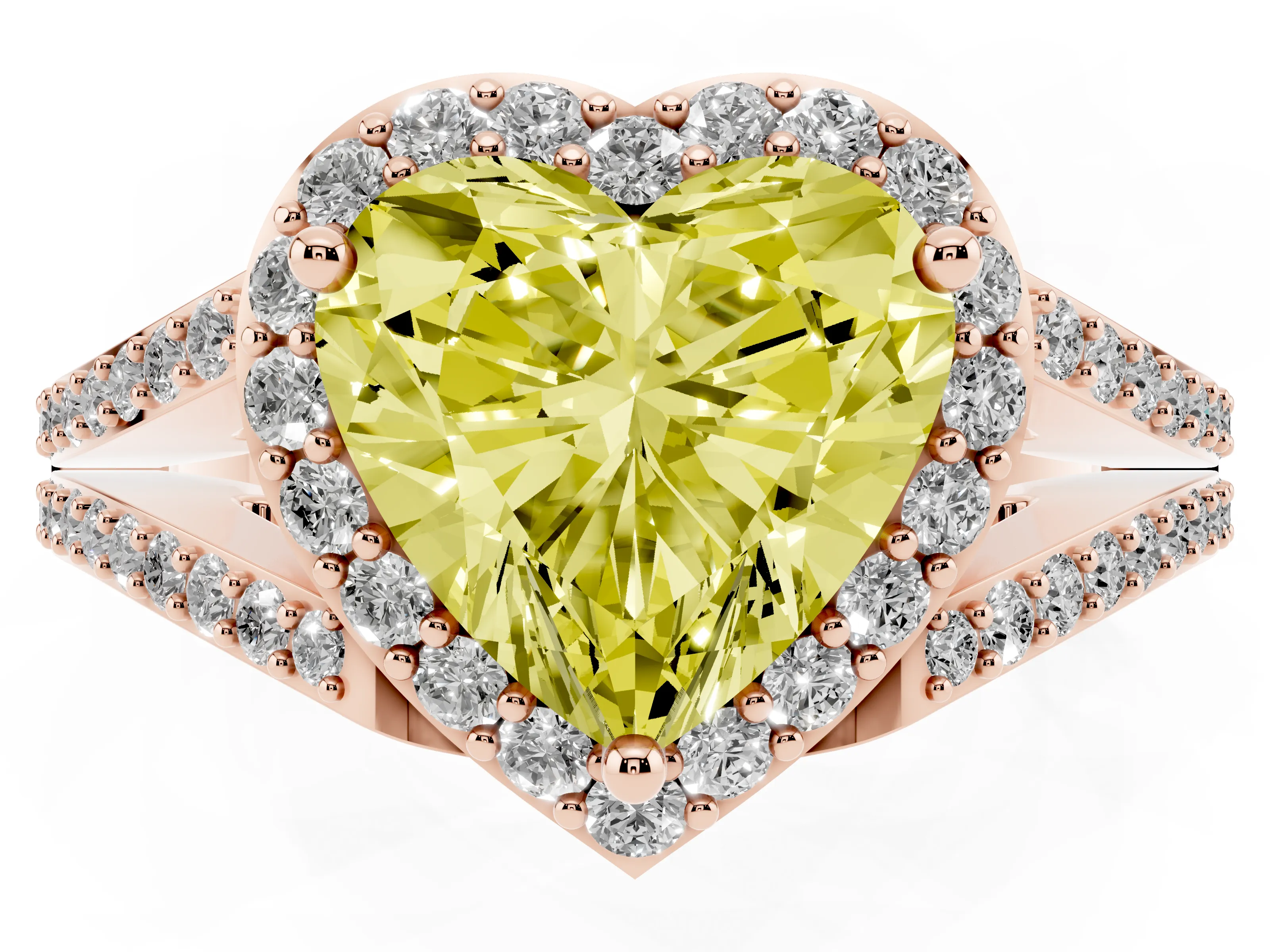 Fancy Yellow Heart Cut Diamond Halo Split Shank Pavé Ring Set in Rose gold with Prong Setting