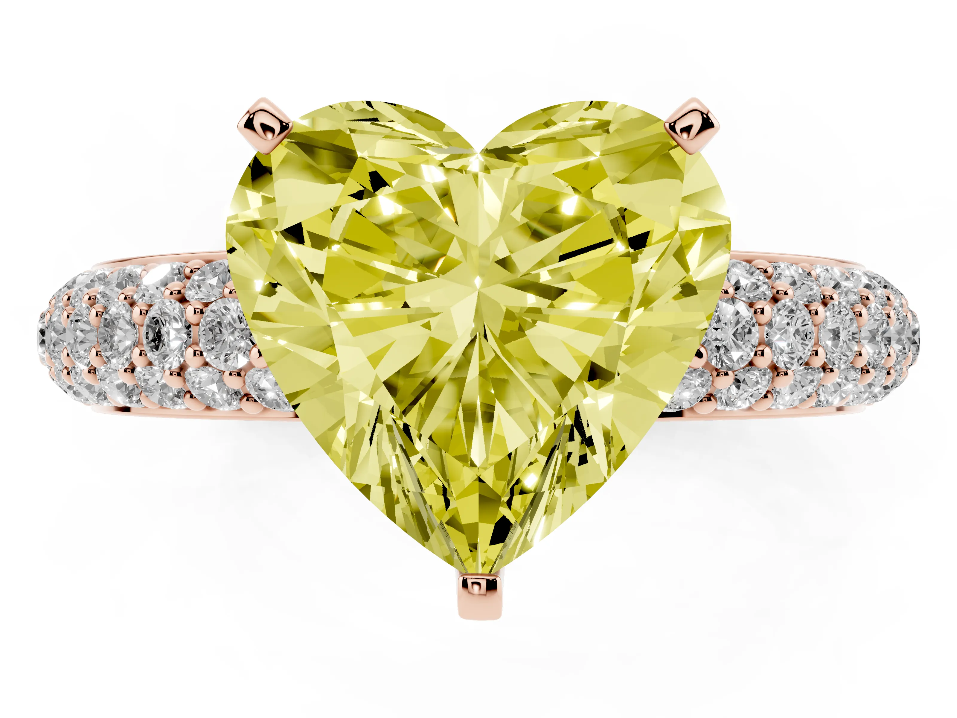 Fancy Yellow Heart Cut Diamond Solitaire Ring Set in Rose gold with Prong Setting and Pavé-Set Band