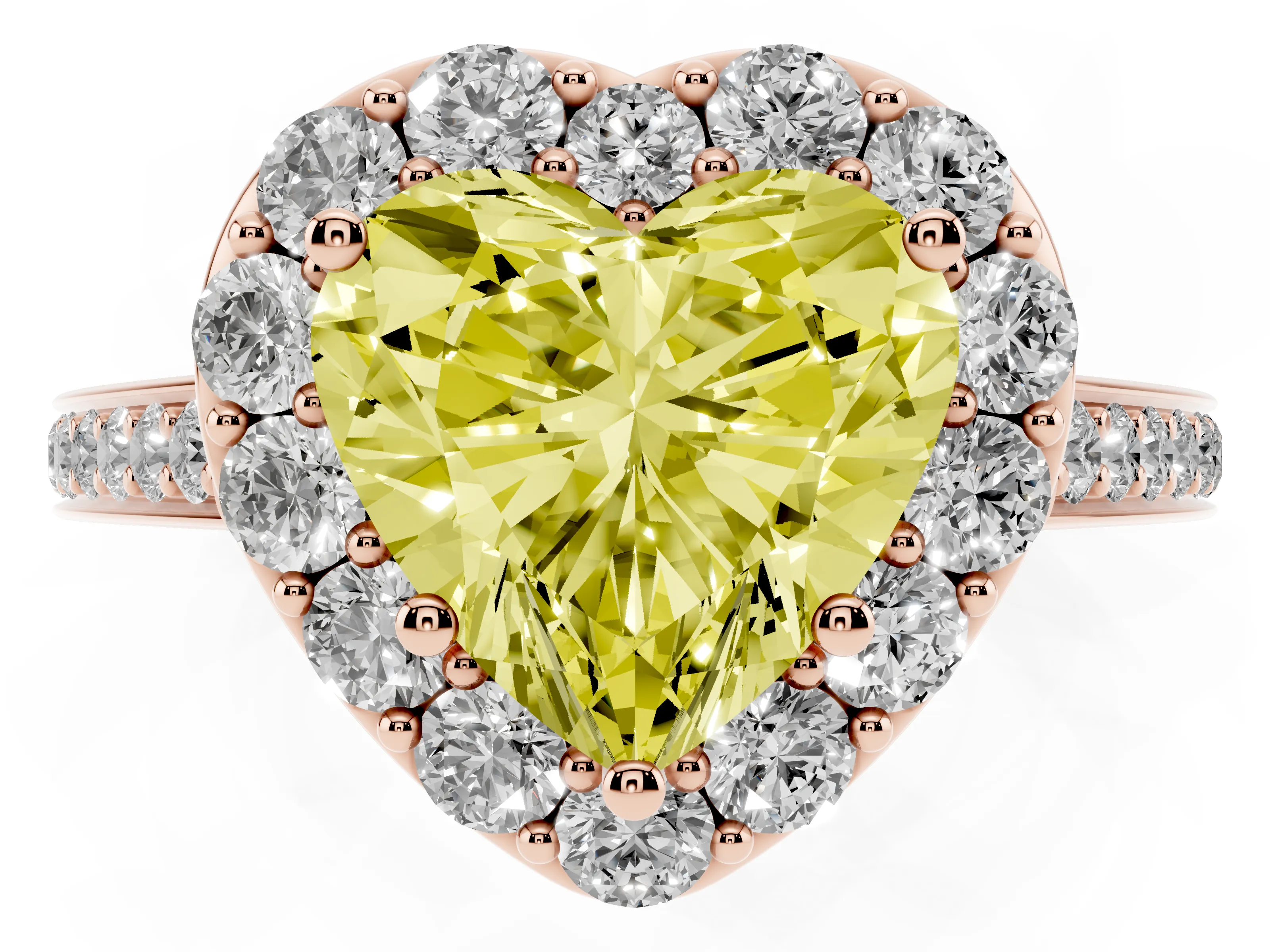 Fancy Yellow Heart Cut Diamond Floral Halo Ring Set in Rose gold with Pavé Band and Prong Setting