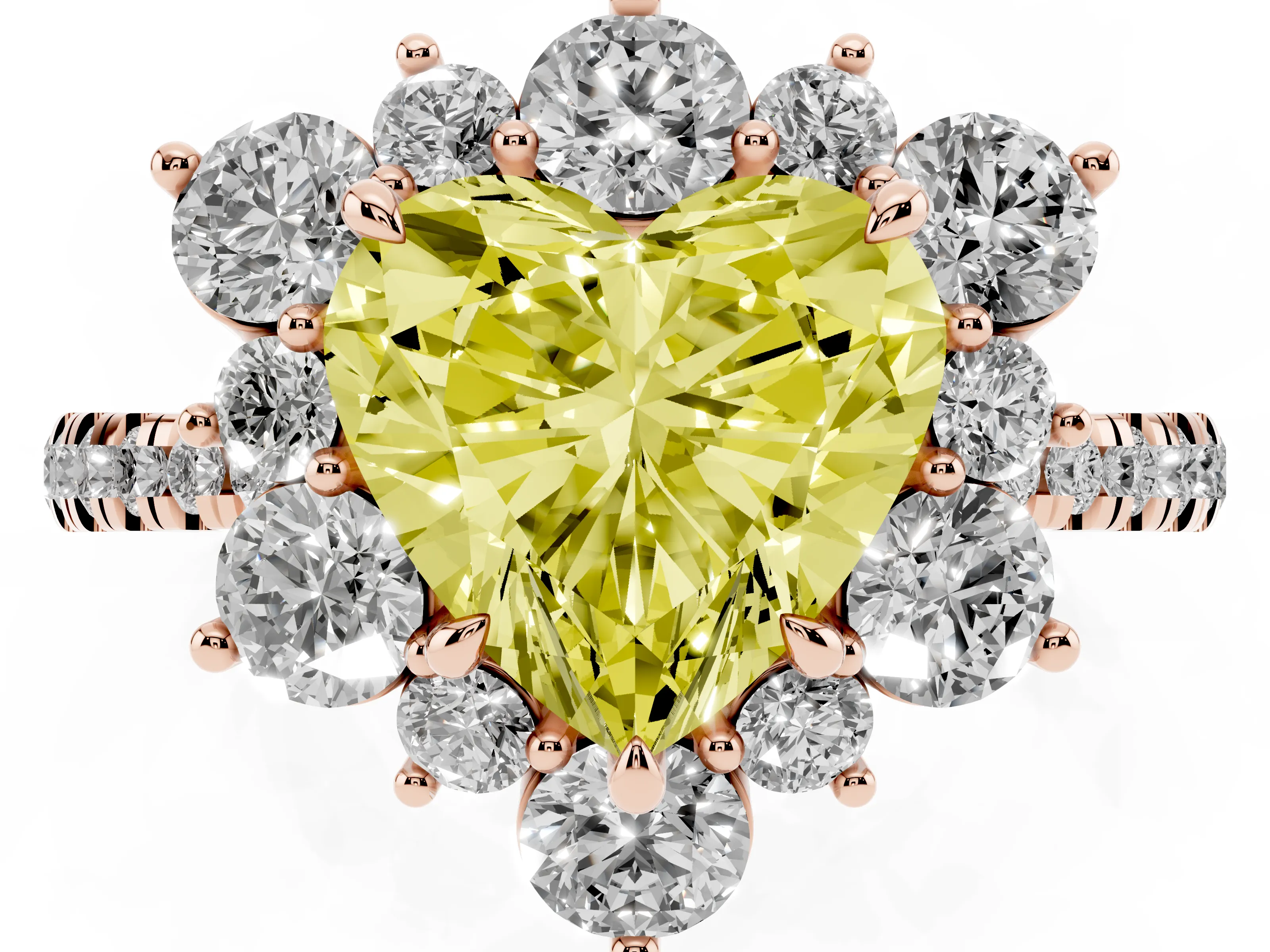 Fancy Yellow Heart Cut Diamond Floral Halo Ring Set in Rose gold with Round Pavé Band and Prong Setting