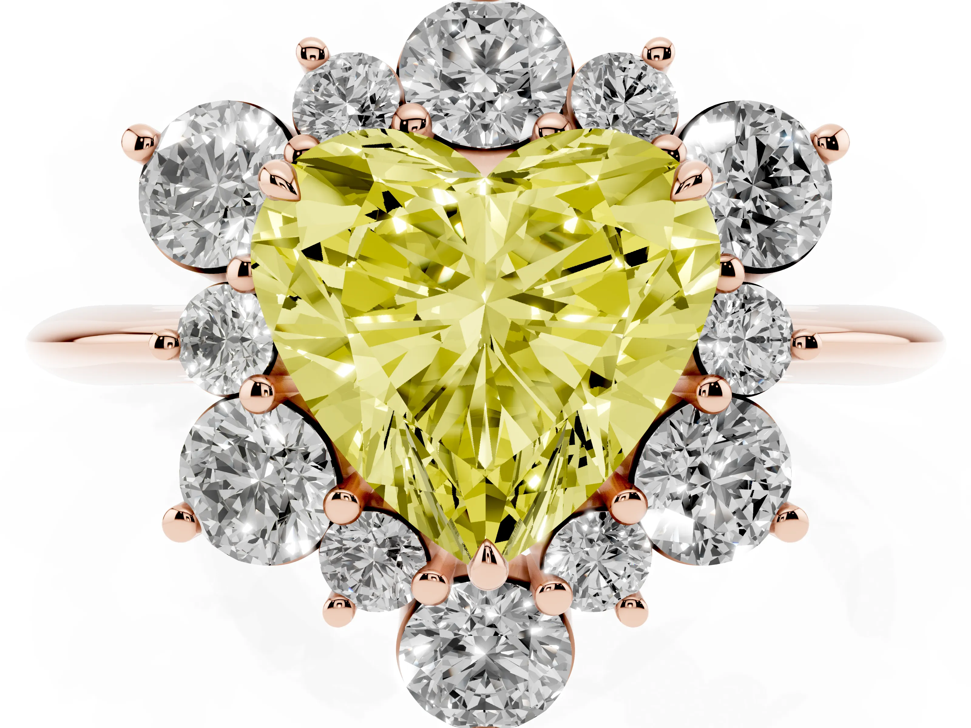 Fancy Yellow Heart Cut Diamond Cluster Halo Ring Set in Rose gold with Solitaire Band and Prong Setting