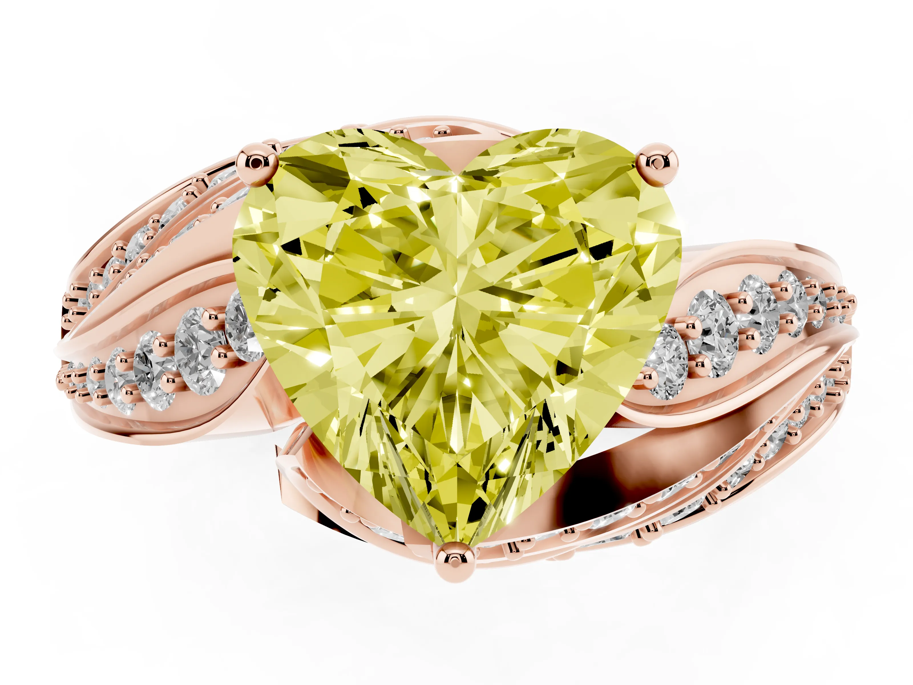 Fancy Yellow Heart Cut Diamond Solitaire Ring Set in Rose gold with Layered Twist Pavé Band