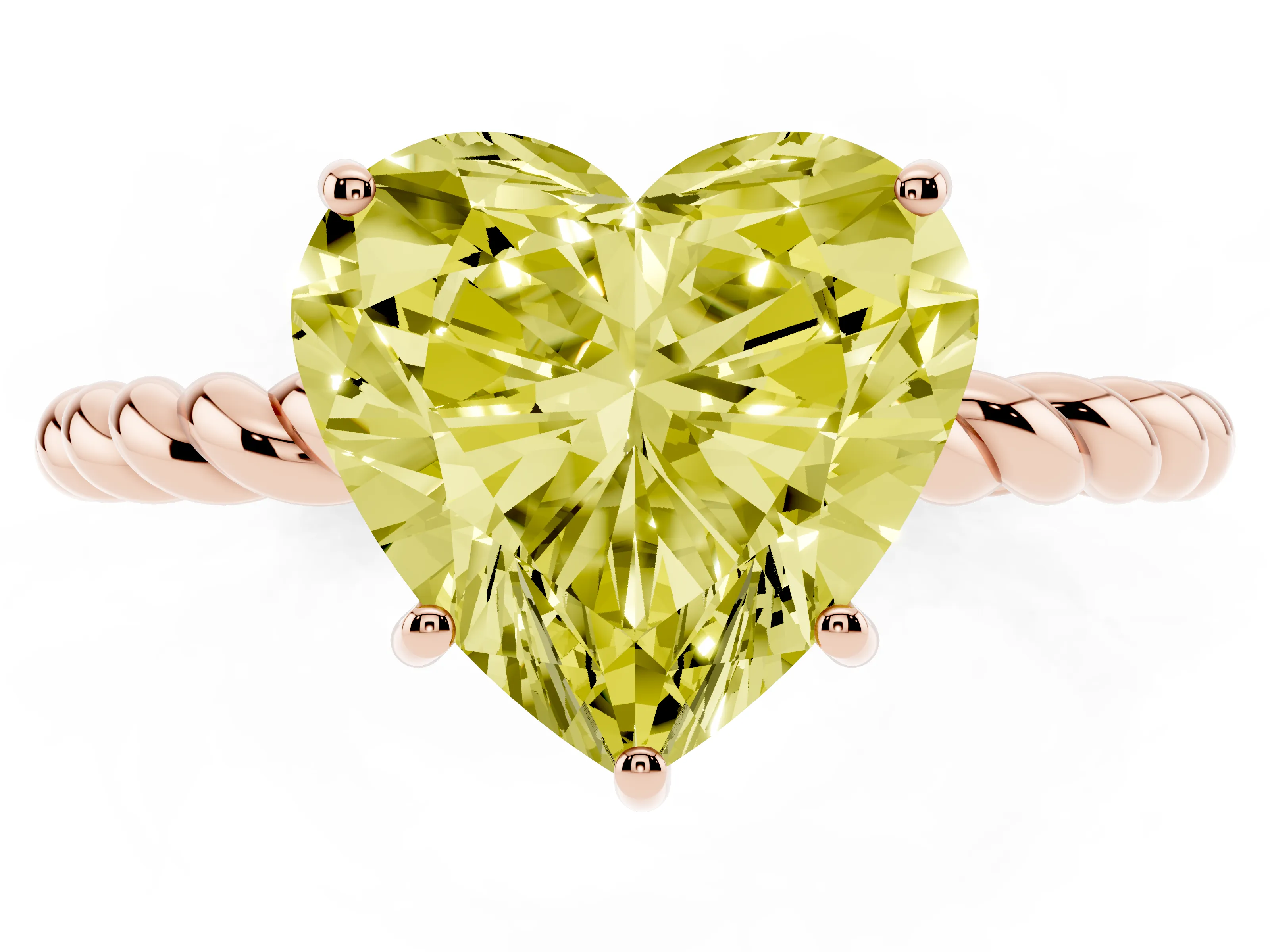 Fancy Yellow Heart Cut Diamond Solitaire Ring Set in Rose gold with Twist Band and Prong Setting