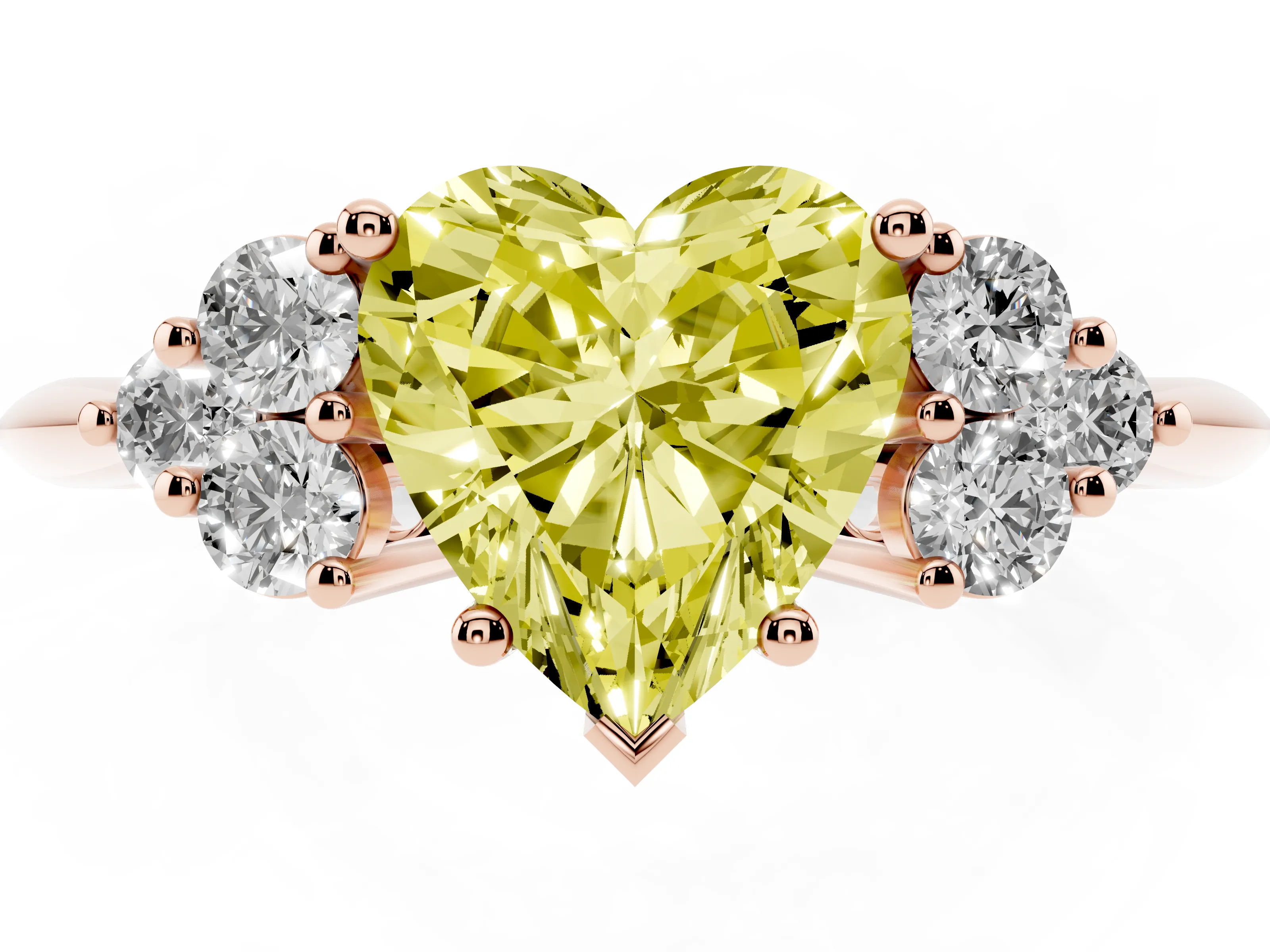 Fancy Yellow Heart Cut Diamond Cluster Ring Set in Rose gold with Plain Band and Prong Setting