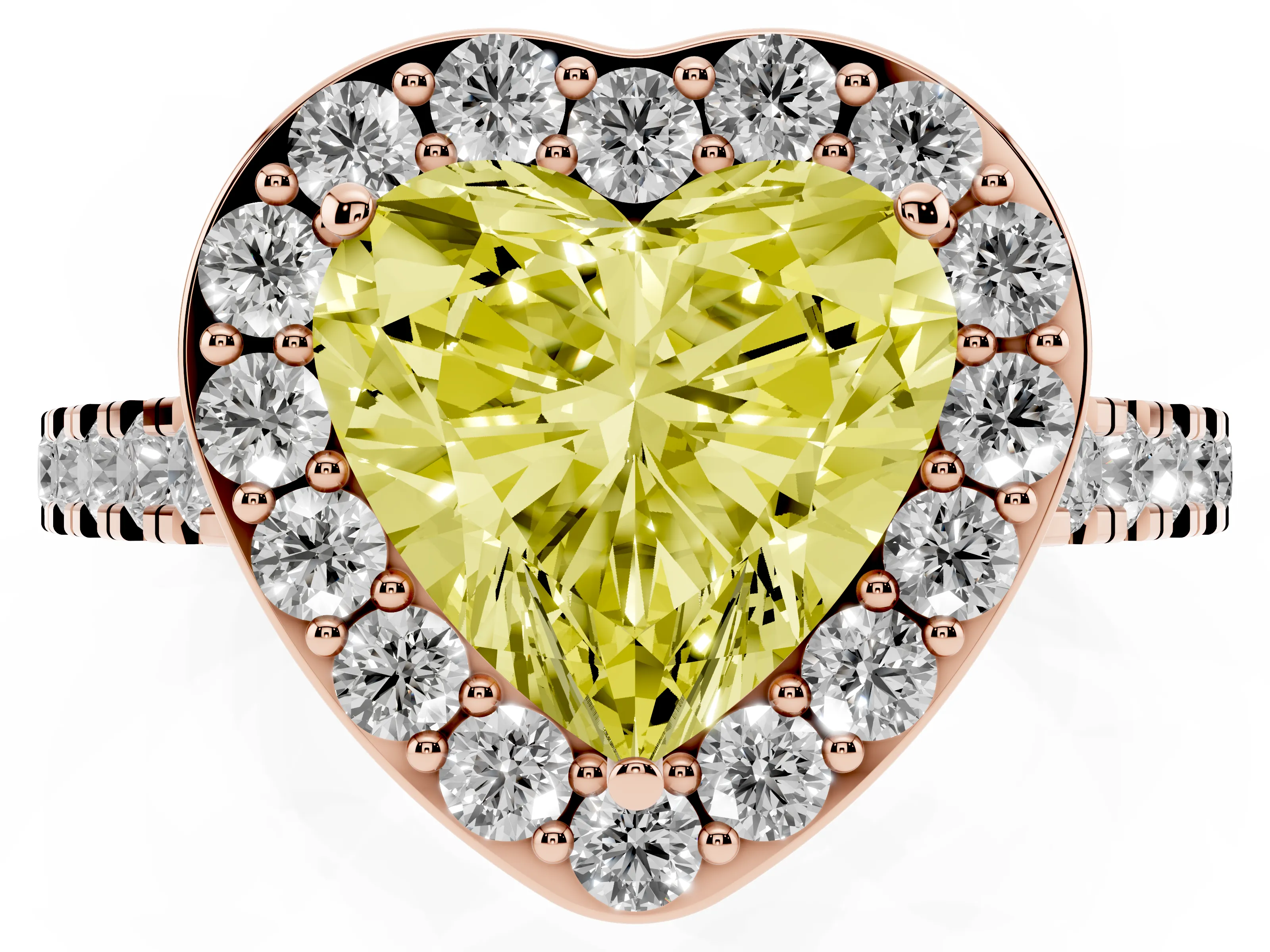 Fancy Yellow Heart Cut Diamond Halo Ring Set in Rose gold with Round Pavé Split Shank and Prong Setting