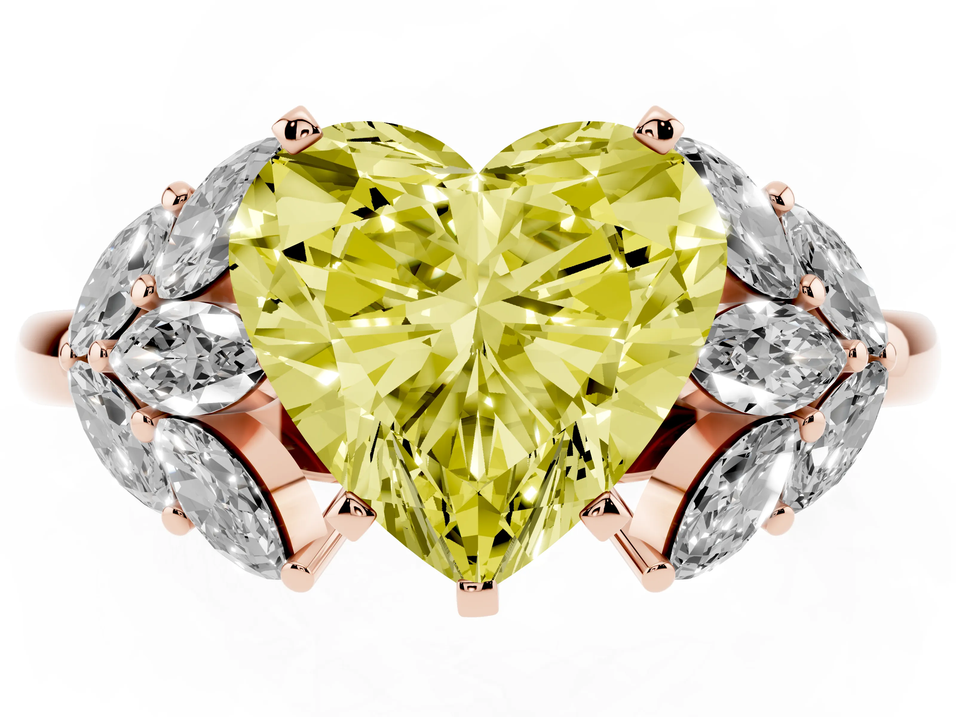 Fancy Yellow Heart Cut Diamond Cluster Leaf Design Ring Set in Rose gold with Prong Setting