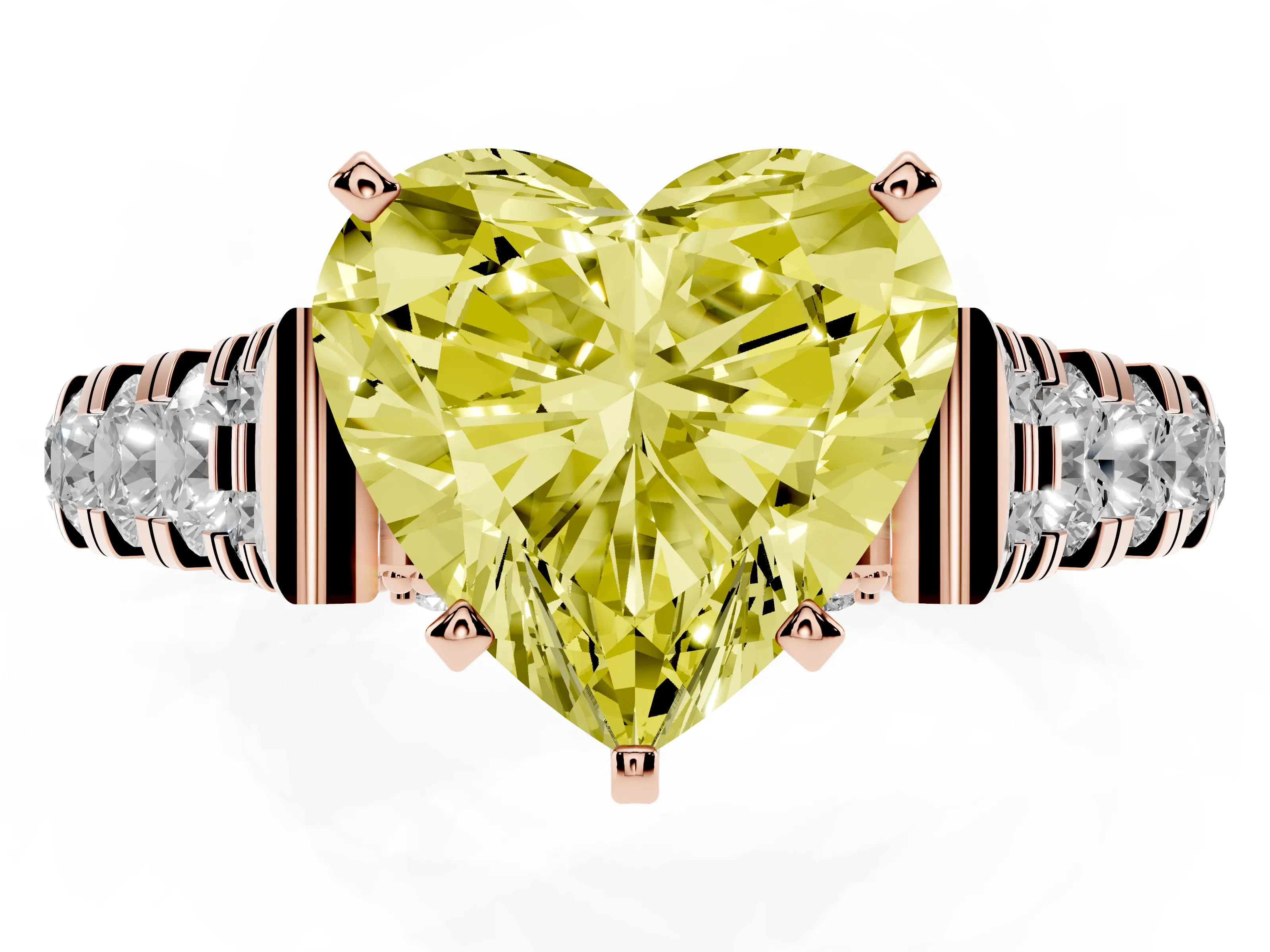 Fancy Yellow Heart Cut Diamond Classic Solitaire Ring Set in Rose gold with Pavé Band and Prong Setting