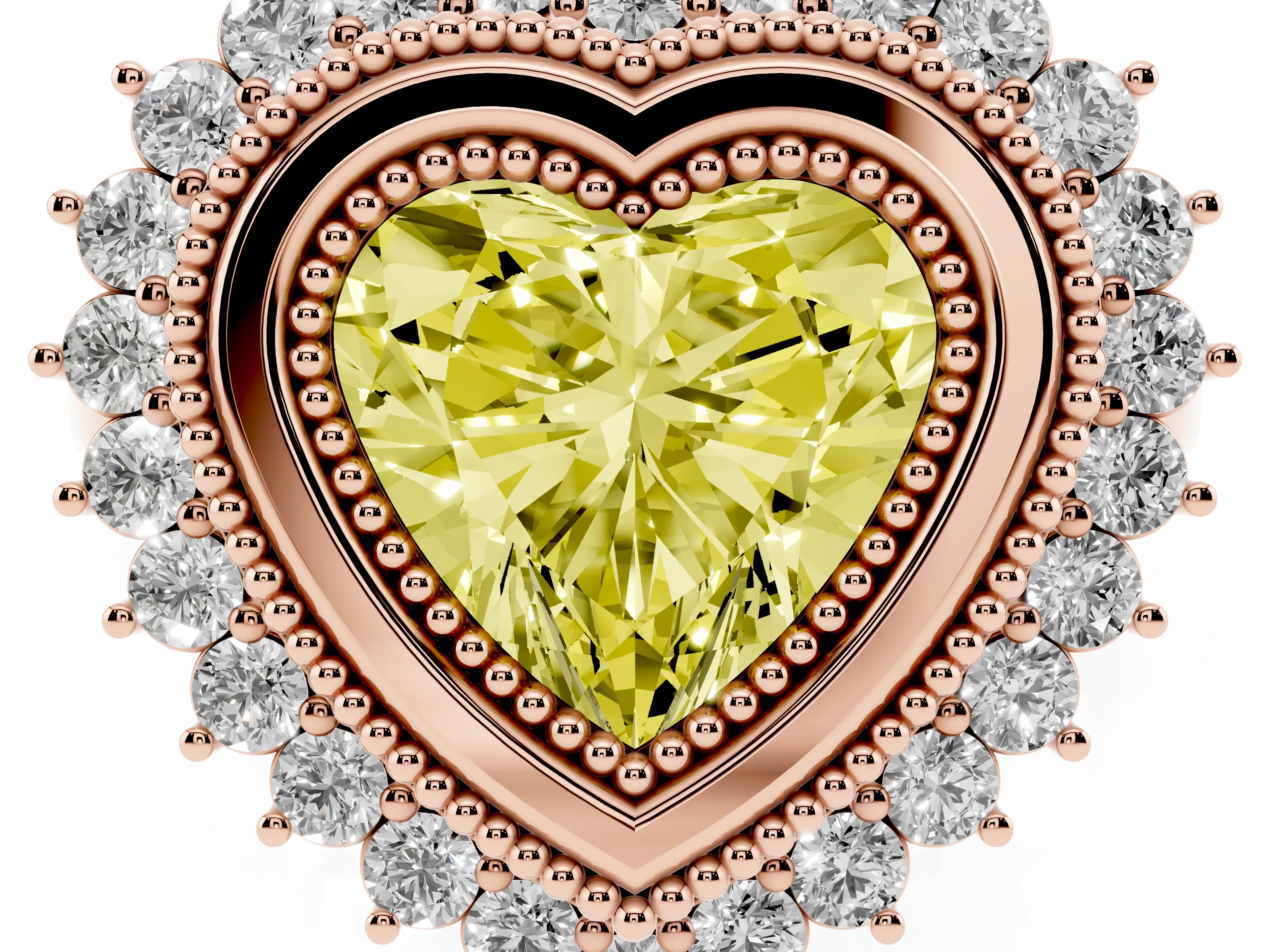 Fancy Yellow Heart Cut Diamond Halo Ring Set in Rose gold with Milgrain Edge and Round Prong Setting