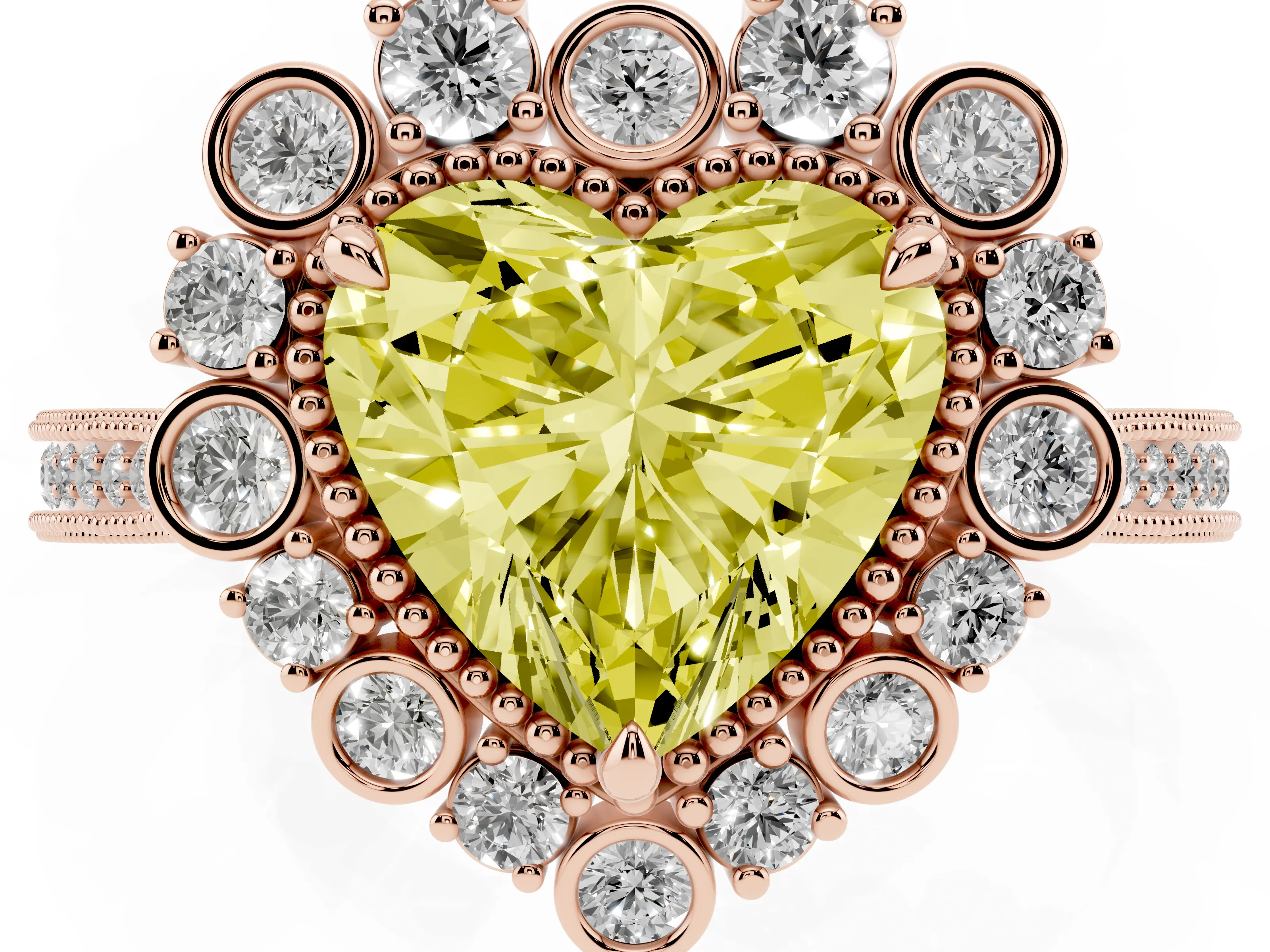 Fancy Yellow Heart Cut Diamond Halo Milgrain Pavé Ring Set in Rose gold with Prong Setting